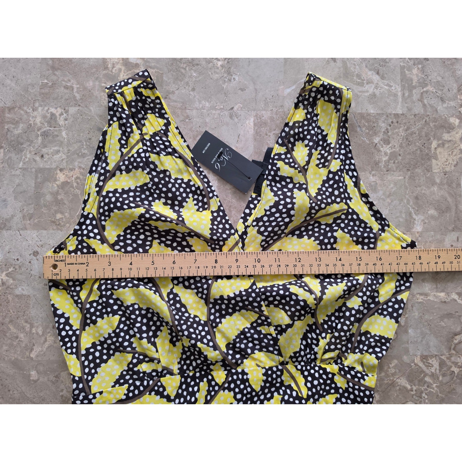 No.6 Store Button Back Dress Black Yellow Leaf Polka Dot Midi Pockets Size 2