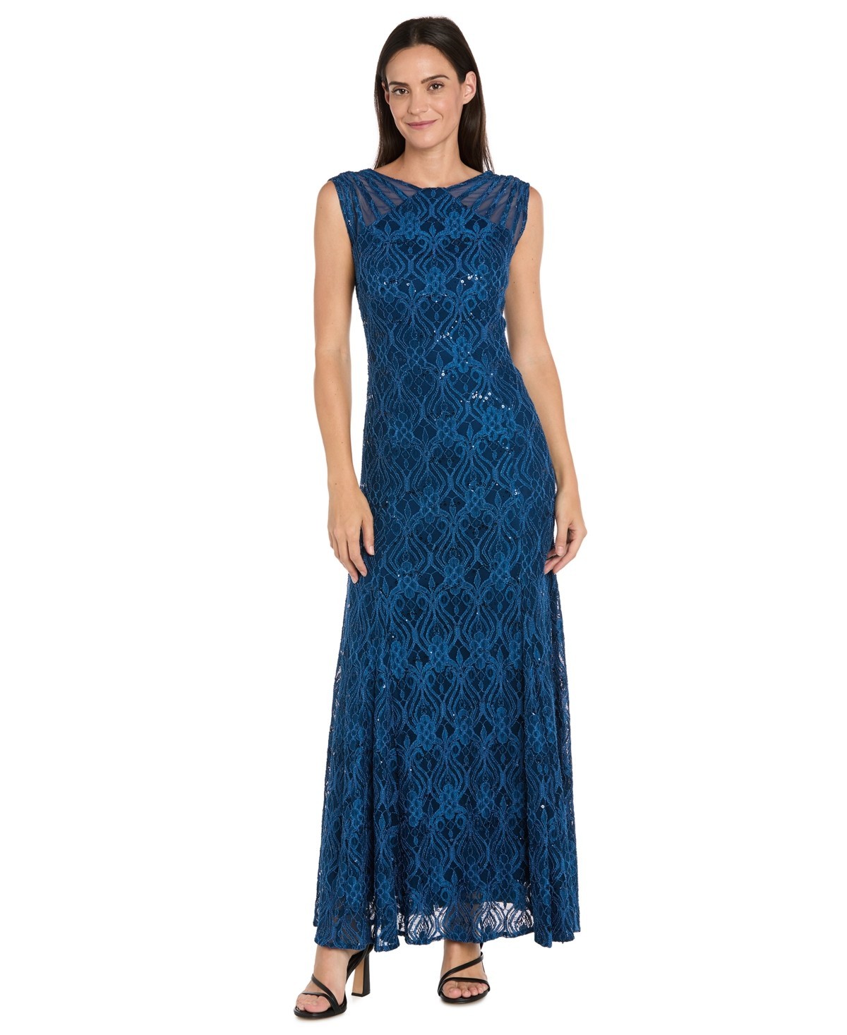R & M Richards Gown Size 16 Sequin Lace Illusion Peacock Blue Mother of Bride