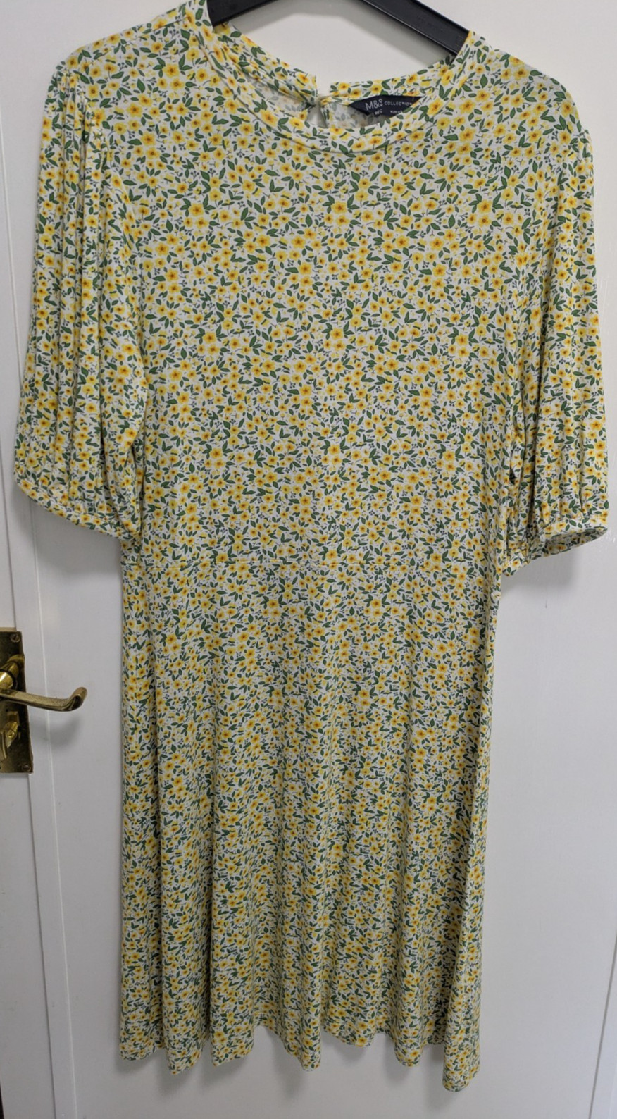 M&S Yellow Cotton Jersey Floral Long Length Dress Size 12 app 39 Inches Length