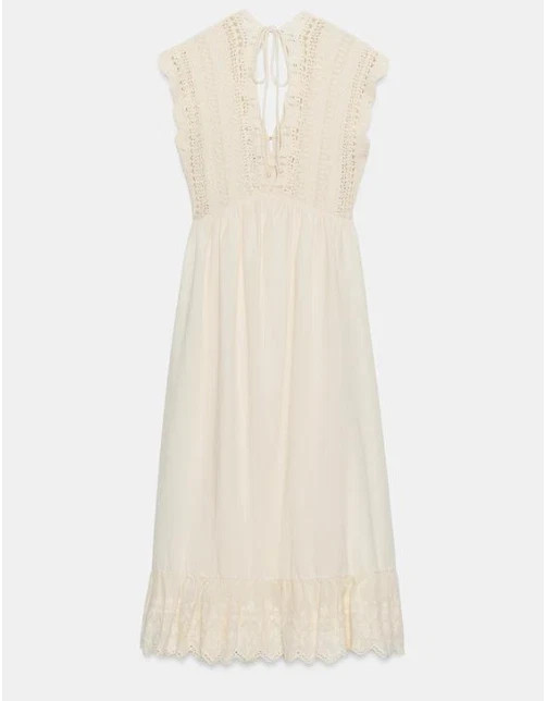 ZARA EMBROIDERED RUFFLE HEM LONG COMBINATION KNIT DRESS ECRU sz S :6236/040/712