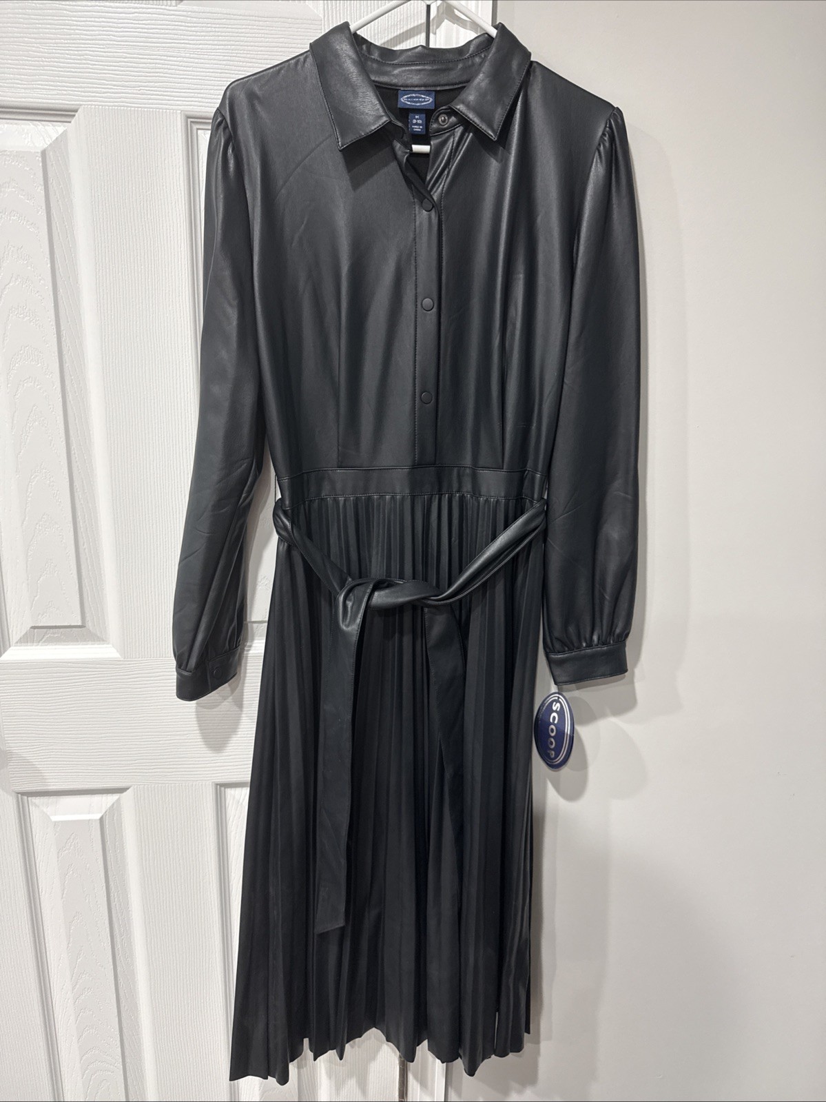 ScoopNY Pleather Pleated Skirt Midi Dress Faux Leather Black, NWT