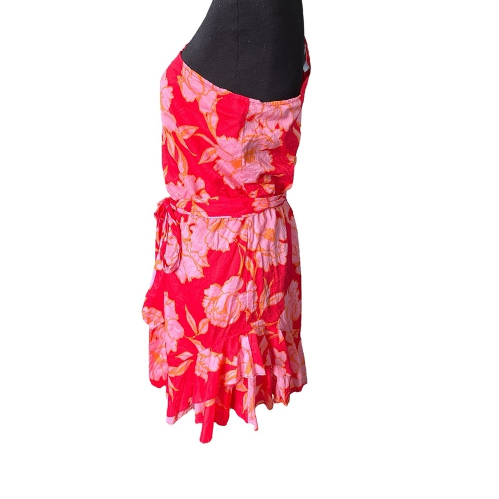 Olivaceous One Shoulder Ruffle Hem Mini Dress, Size Large, Red & Pink Floral