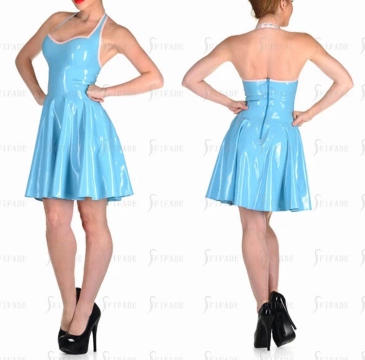 Latex Dress Halter Sweat-heart Neck Rear Zip Pleated Skirts Sexy Customized D203