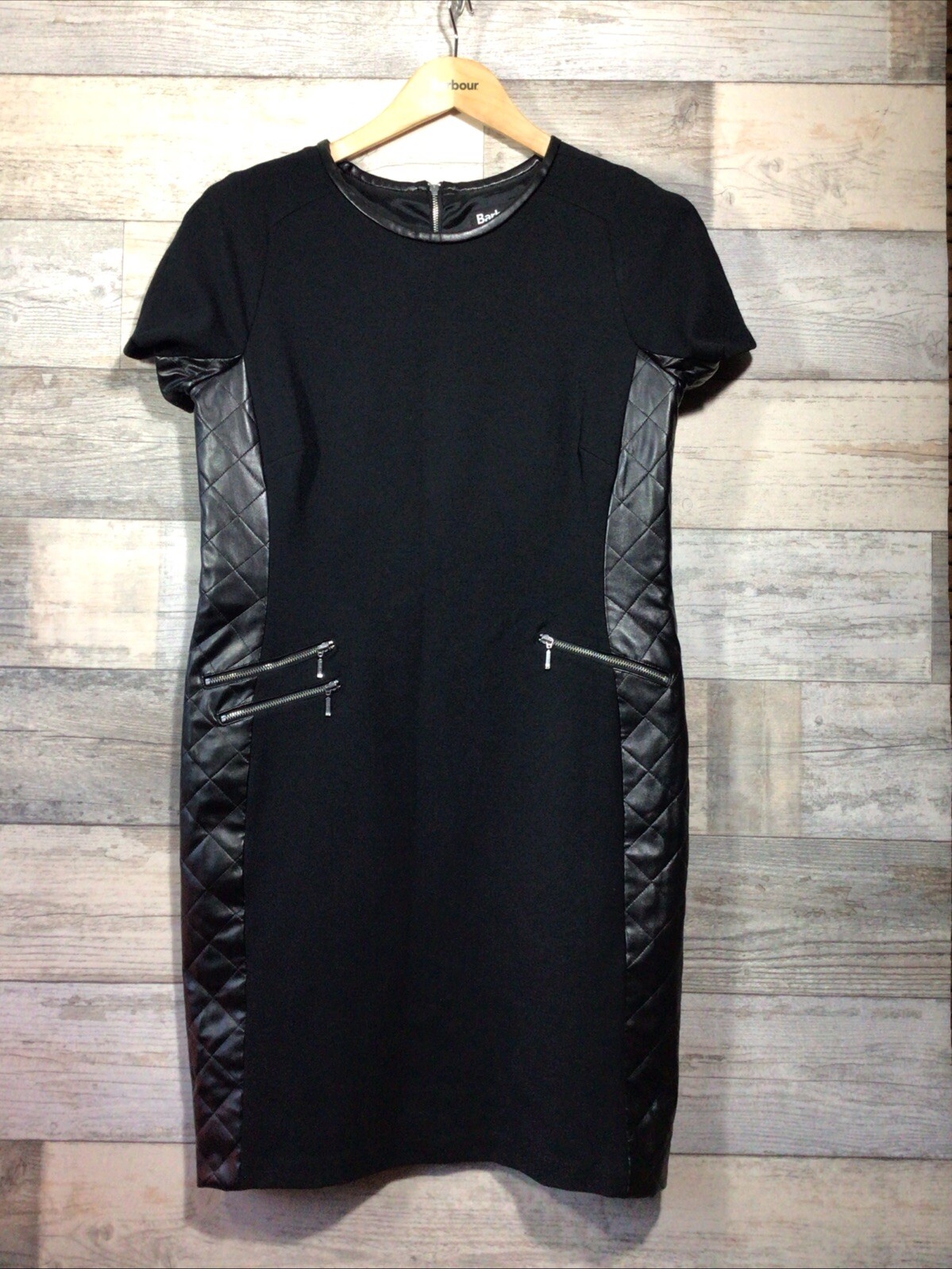 Barbour Int’l Black Quilted Faux Leather Sides Lined Dress Size 14 Ex Con