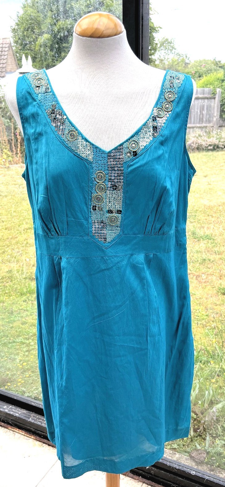 Per Una Turquoise Sleeveless Shift Dress – Bead and Sequin Trim – Size 16 – New