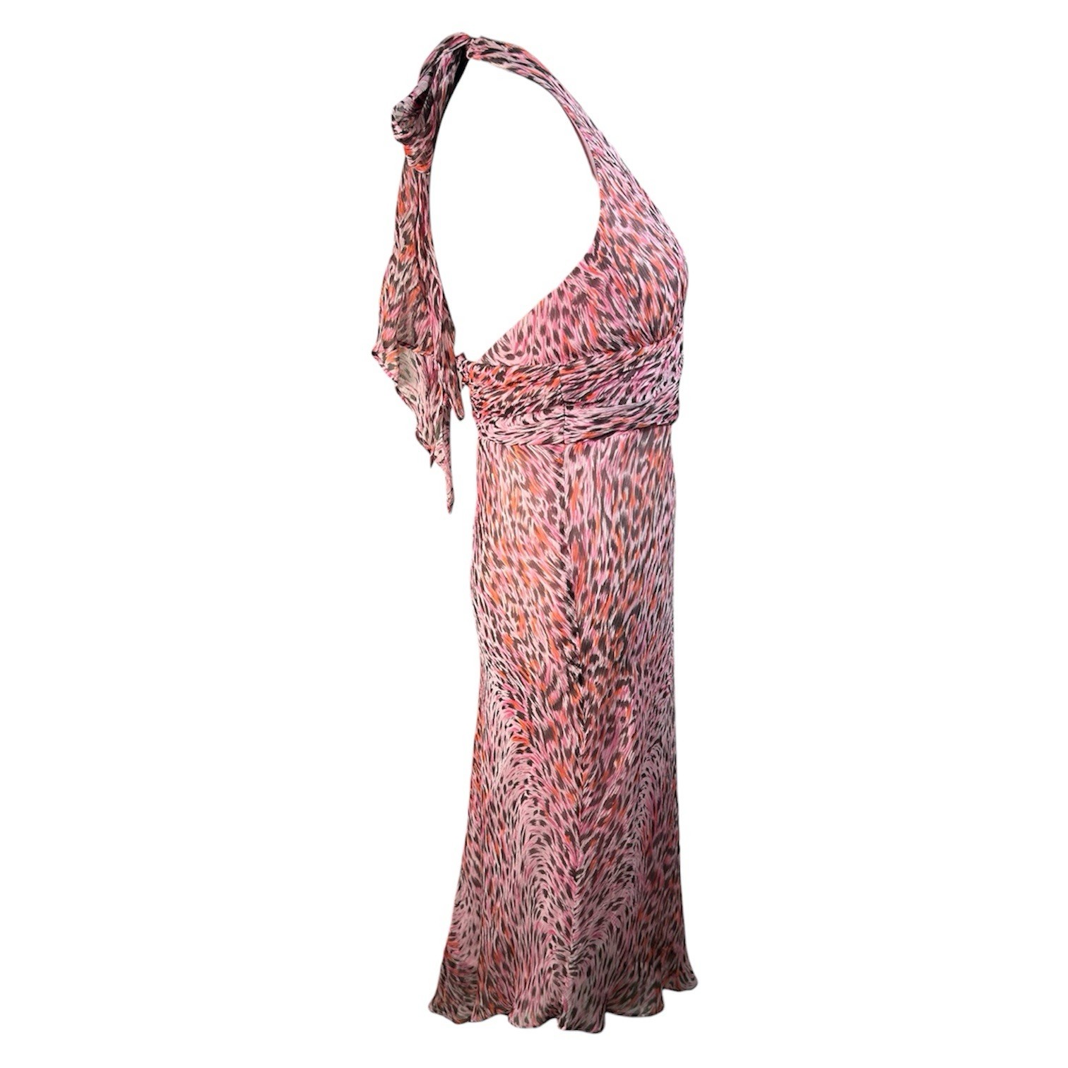 Y2K BCBGeneration Silk Leopard Midi Halter Dress Asymmetrical Hem Women’s Sz 2