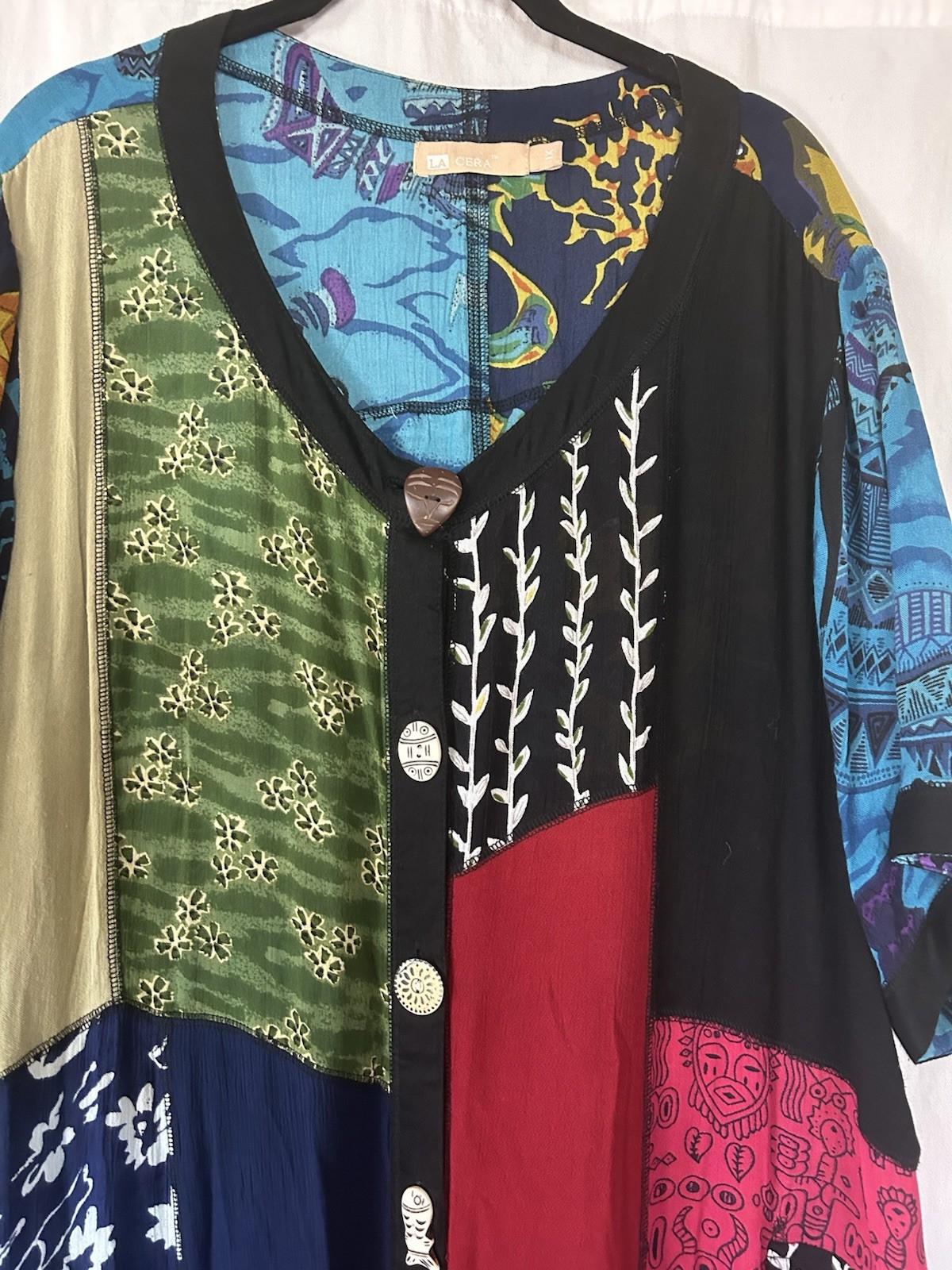La Cera 1x Hippie Boho Patchwork Button Dress 52” Long 100% Rayon Pockets