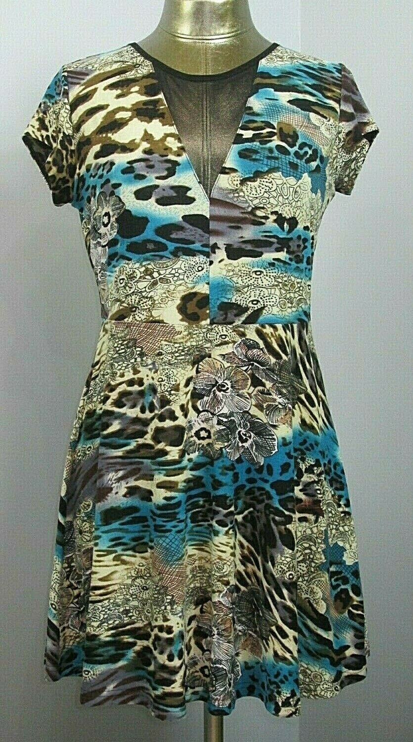 Mechant Brown Blue Graphic Dress Womens Size S-M? Chest 36 Flowy 201-25637
