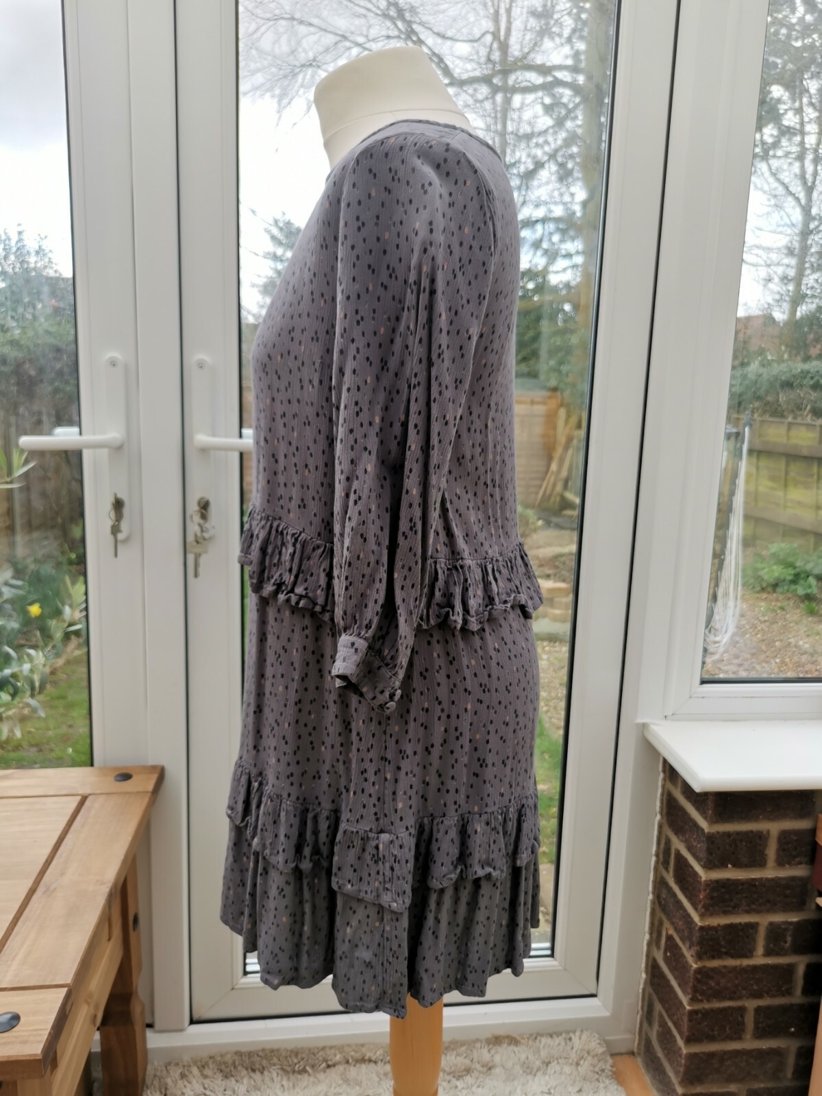 FatFace Copper And Black Grey Spot Ruffle Smock Dress Size 10