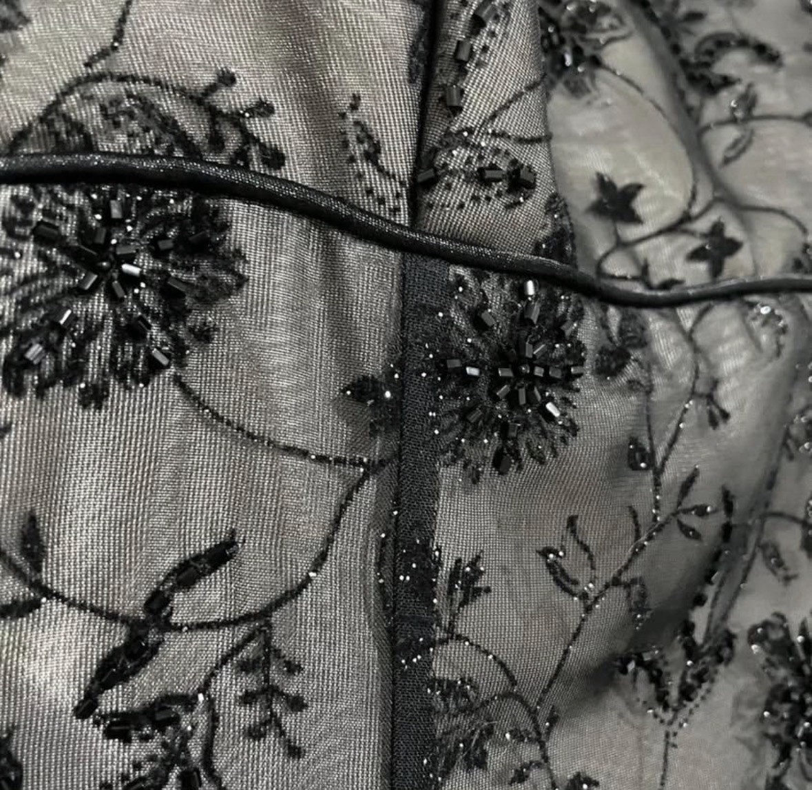 Black Floral Mesh Beaded Lined Maxi Dress Straight Neck Lace-Up Back