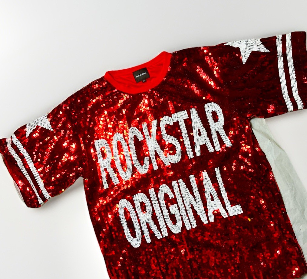 ROCKSTAR ORIG Game Day Red Sequin Mini Dress Football Jersey Oversized Sz OS