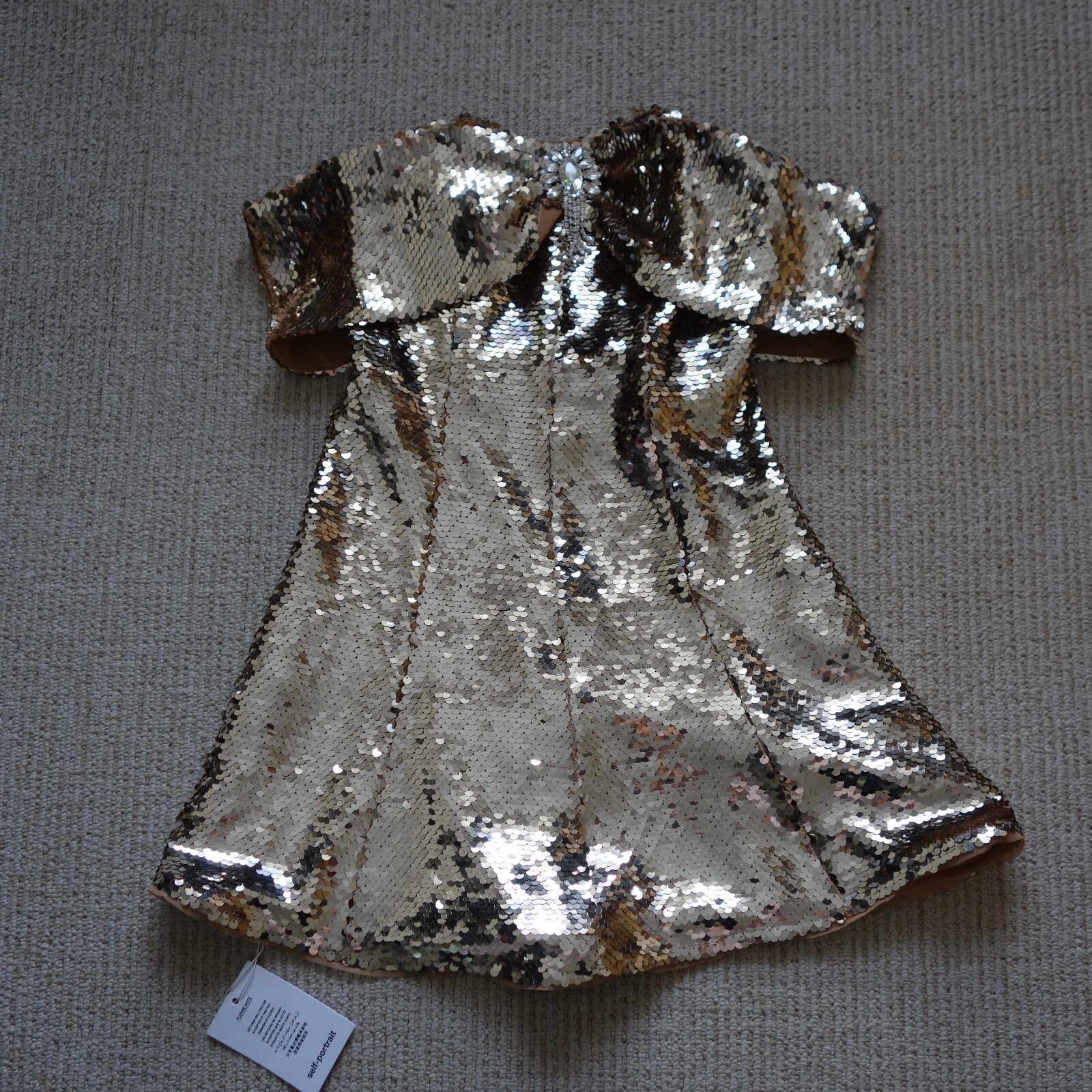 Self-Portrait Gold Sequin Off The Shoulder Mini Dress UK6 US 2