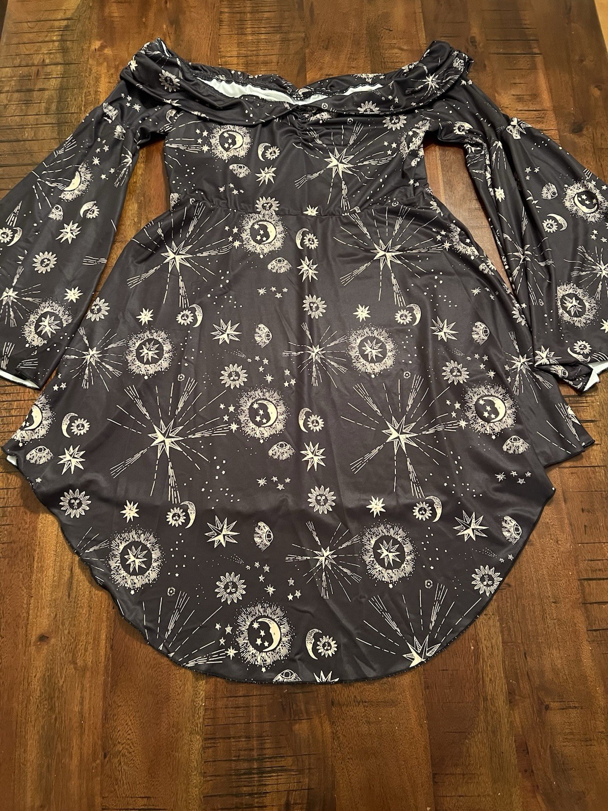 Womens XL Celestial Moon Stars Sun Off Shoulder Mini Dress Bell Sleeve Goth Boho