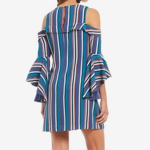 Gianni Bini Striped Dress Flutter Sleeves Cold Shoulder XS Blue Green Red White