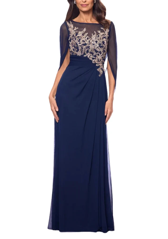 Betsy & Adam Navy Blue Rose Gold Floral-Applique Cape-Sleeve Gown Size 6 $299