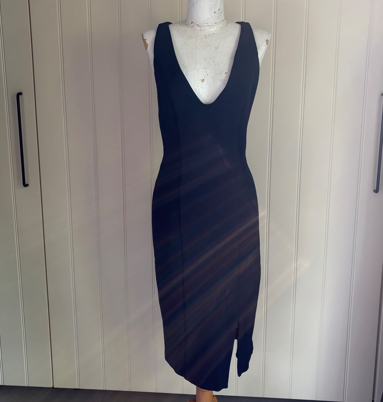 DRESS Kookai Bodycon Midi Navy Stretch Sleeveless Deep V-neck Racer back Sz 38