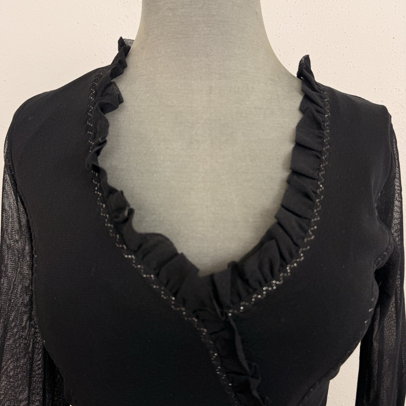 FUZZI Whimsigoth Tiered Dress Sz M Italy Black Mesh Fit Flare Layered Witchy