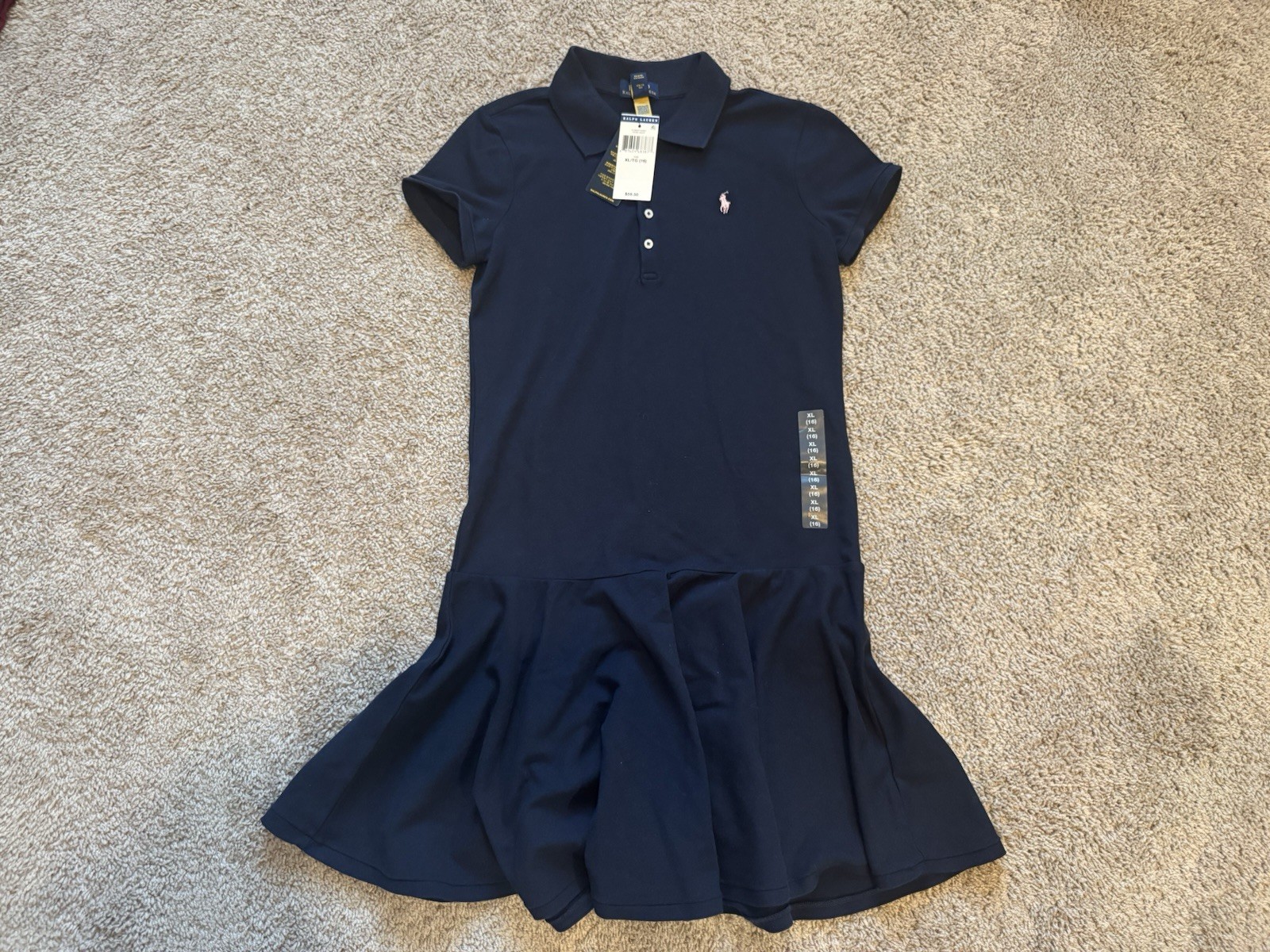 Ralph Lauren Sport Polo Dress Girls Size XL Navy Mesh Cotton White Pony
