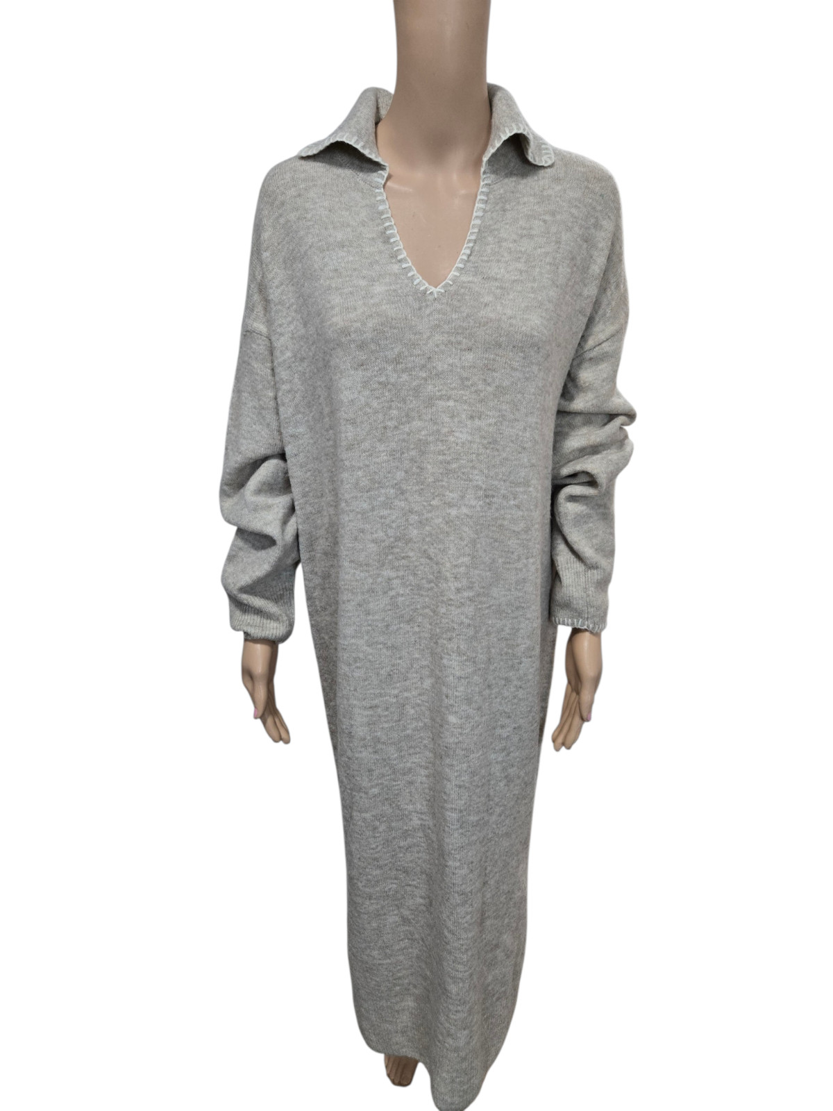 1. State large heathered tan long sleeve collared sweater dress