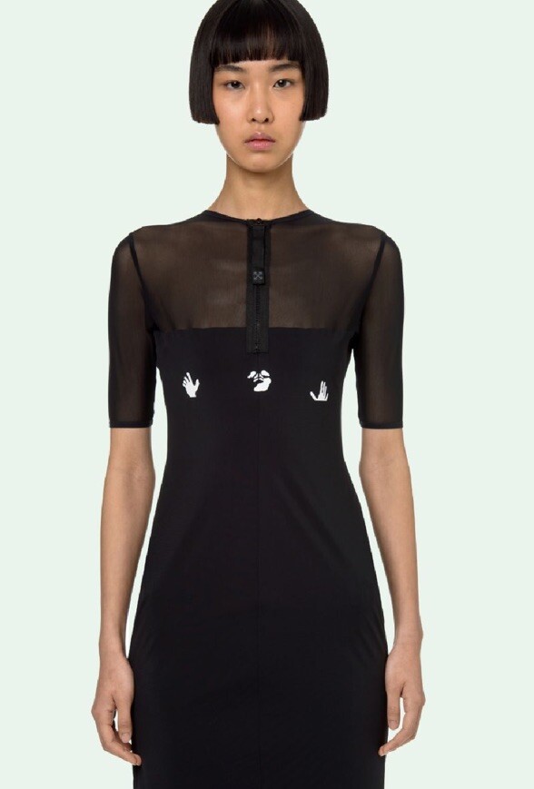 Off White Sheer Stretch Reversible Black Logo Zipper Midi Knee Dress Bodycon S