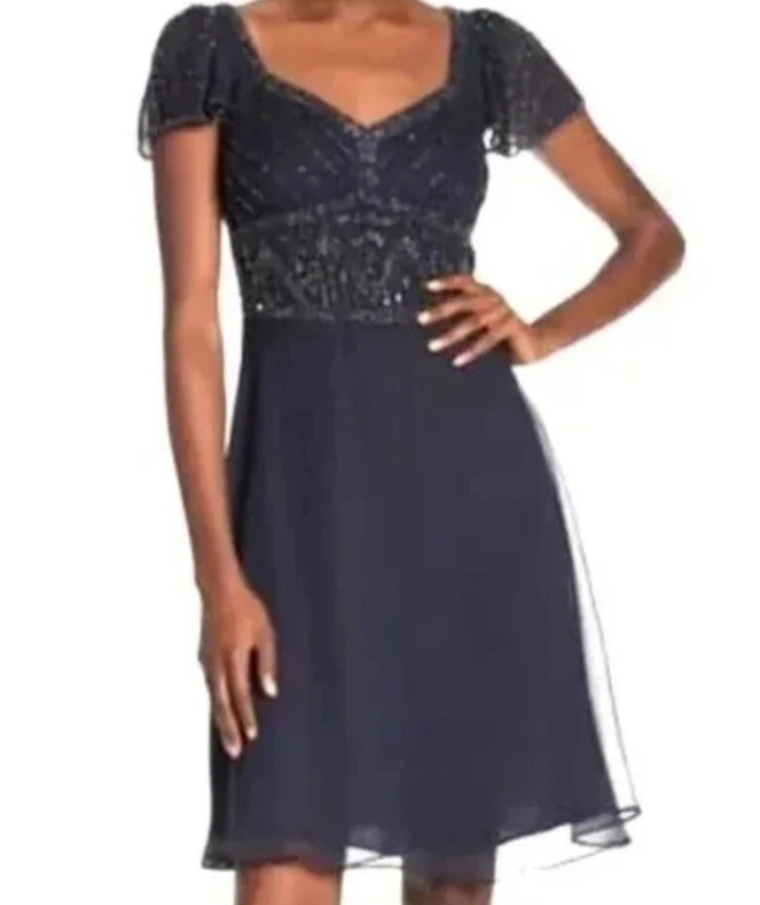 Marina Mini Beaded Cocktail Dress Women’s 14 Navy Blue Prom Cap Sleeve Sequin