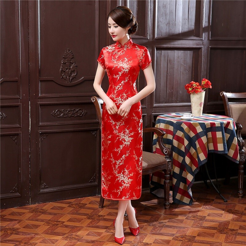 Bride Wedding Party Dress Chinese National Satin Cheongsam Women Summer Qipao