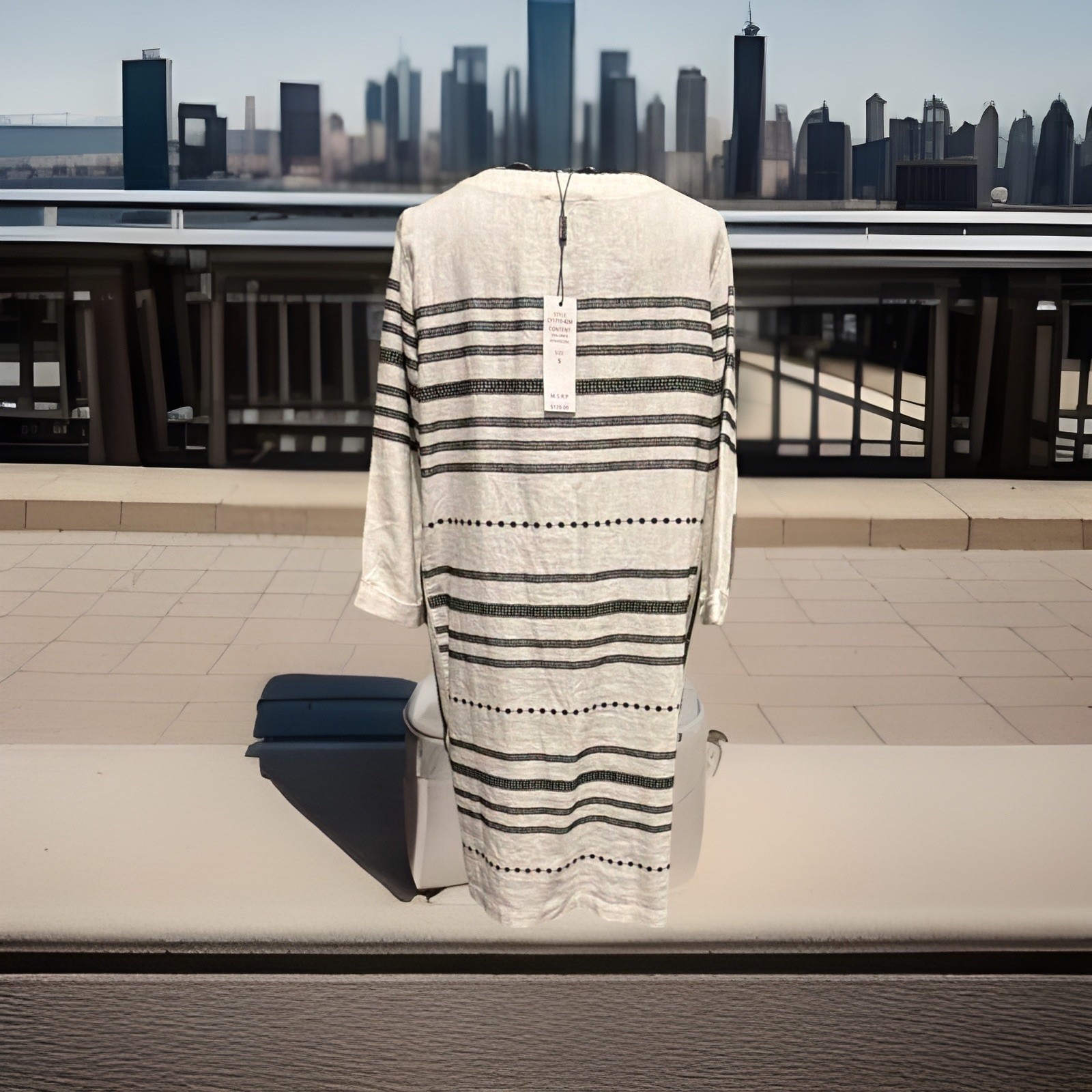 Forcynthia White/Black Striped Round Neck 3/4 Sleeve Knee Dress S Retails @ $120