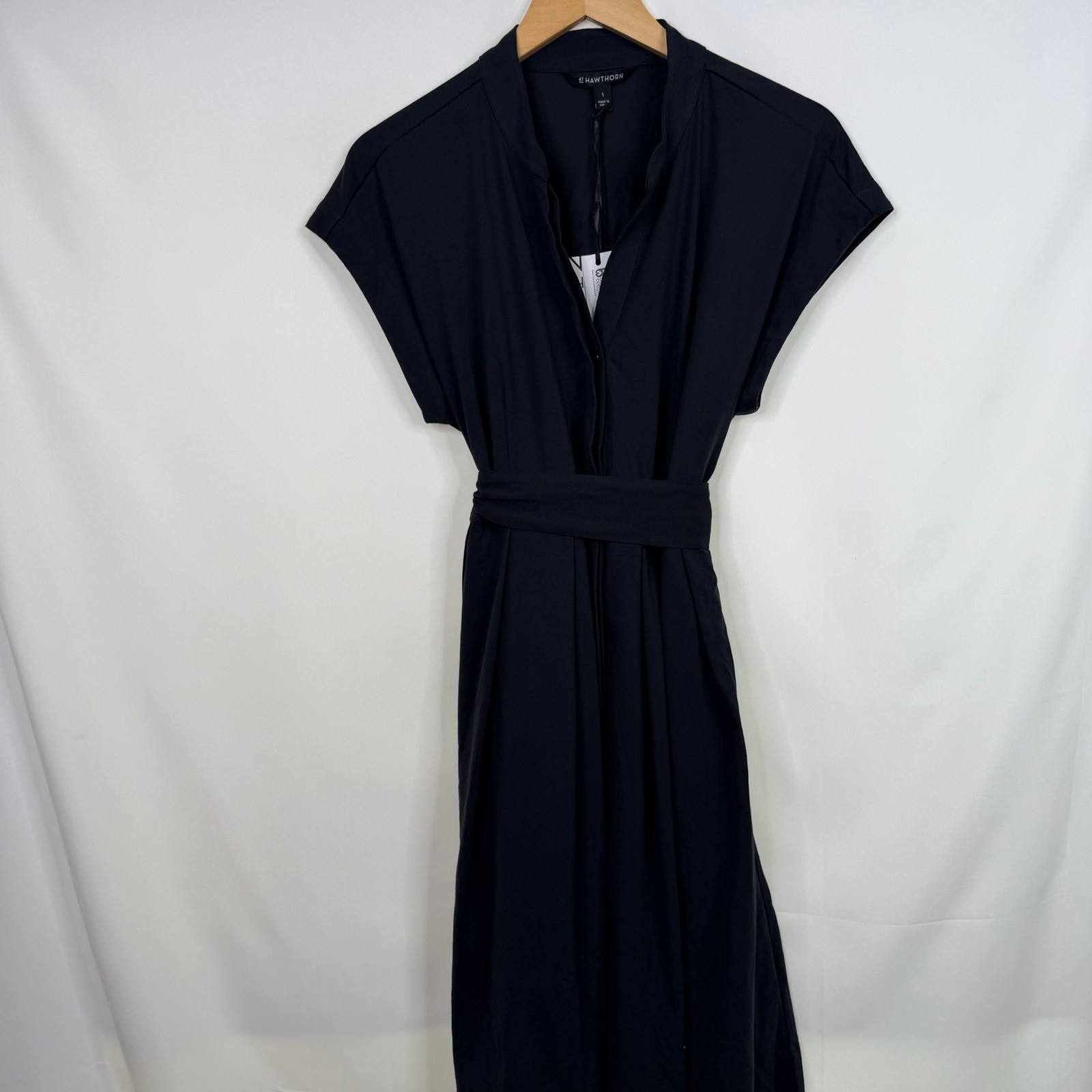 41 Hawthorn Womens Black Split Neck Cap Sleeve Belted Dress Size L NWT