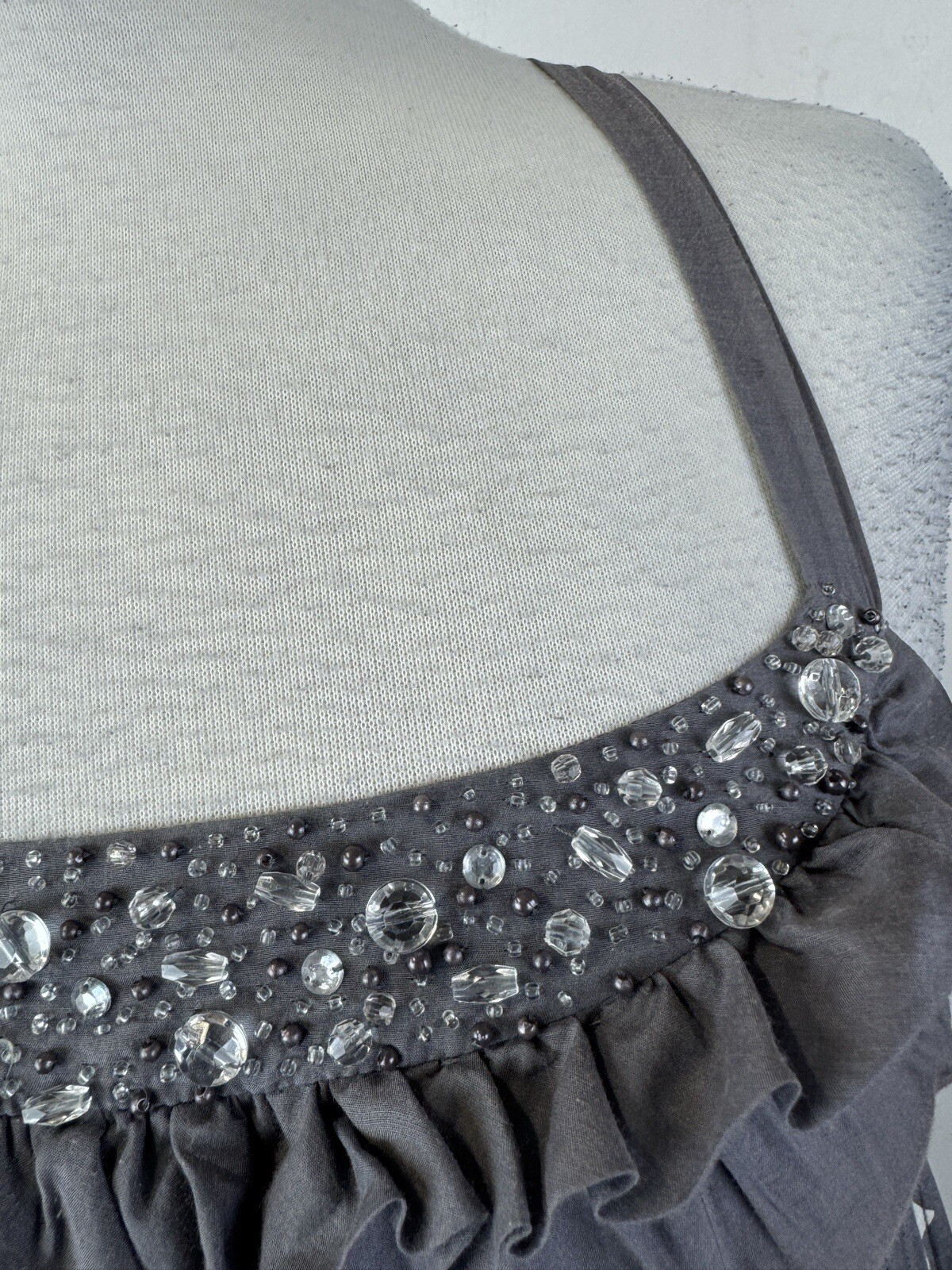 Gray White Sequin Beaded Ruffle Mini Dress Fairy Boho Hippie Y2K Formal Romantic