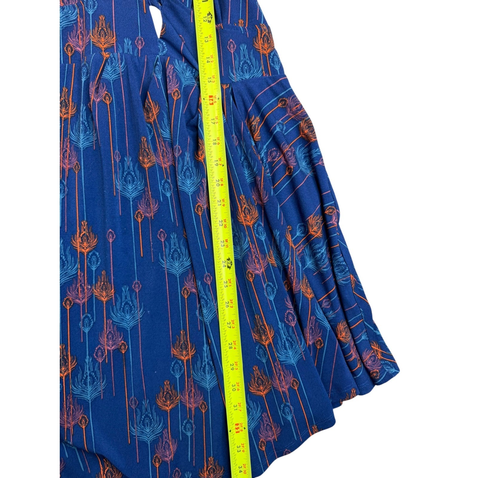 Free People Blue Peacock Feather Print Halter Mini Dress Boho Keyhole Size S