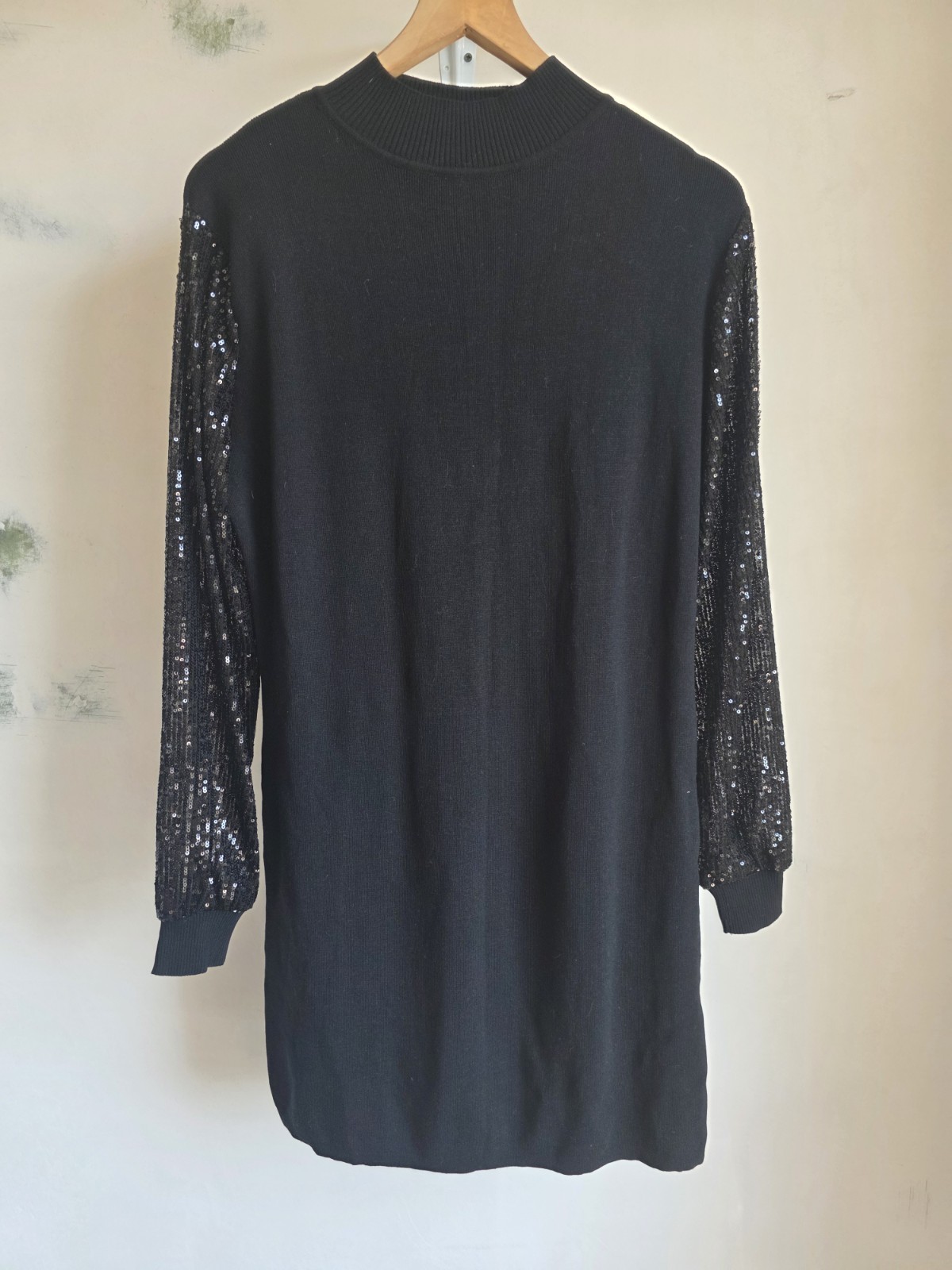 LAETITIA MEM Black Sequin Sleeve Jumper Dress Tunic Size UK 12 Party Sparkle y2k