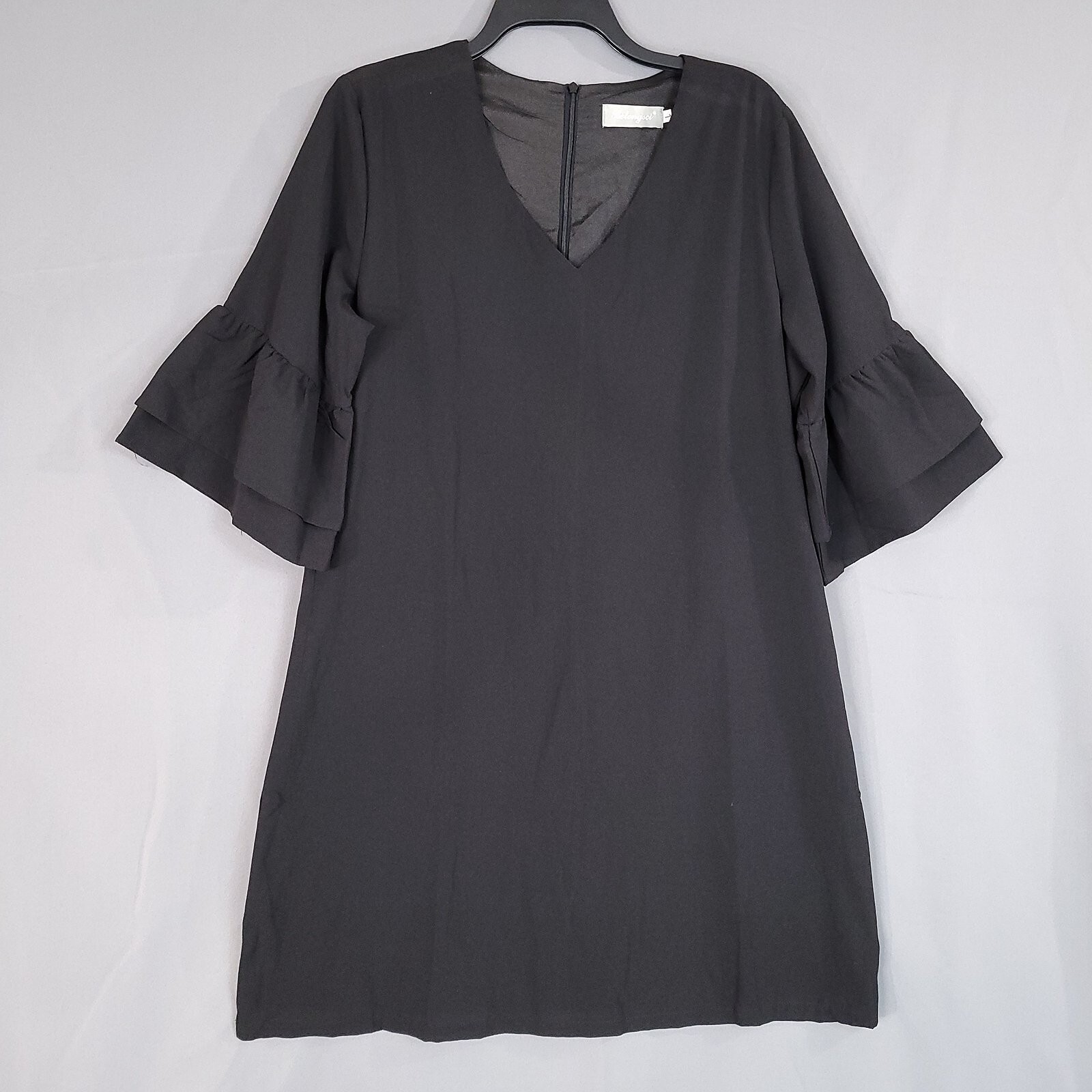 Belongsci Women’s Shift Dress Flare Sleeve Back Zip V-Neck Black Size L