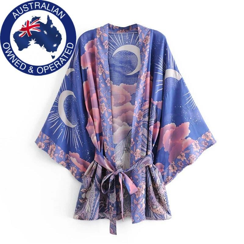 Purple Floral Moon Sky Cloud Print Boho Short Kimono Batwing Sleeve Robe