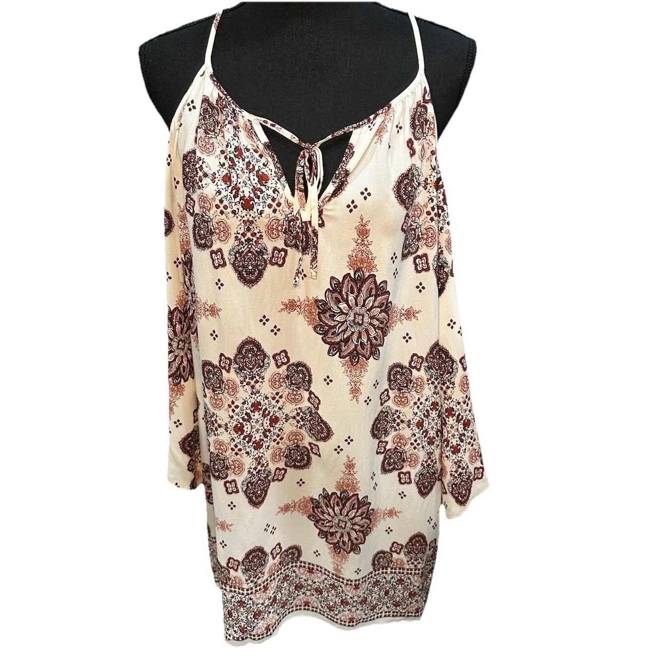Forever 21 Dress Women’s Small Cream Print Cold Shoulder Sleeve Y2K Boho NWT