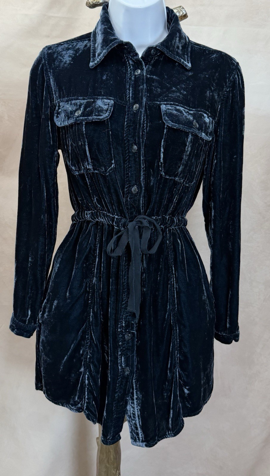 Coldwater Creek Blue Silk Blend Velvet Button Up Drawstring Dress Size XS (4)
