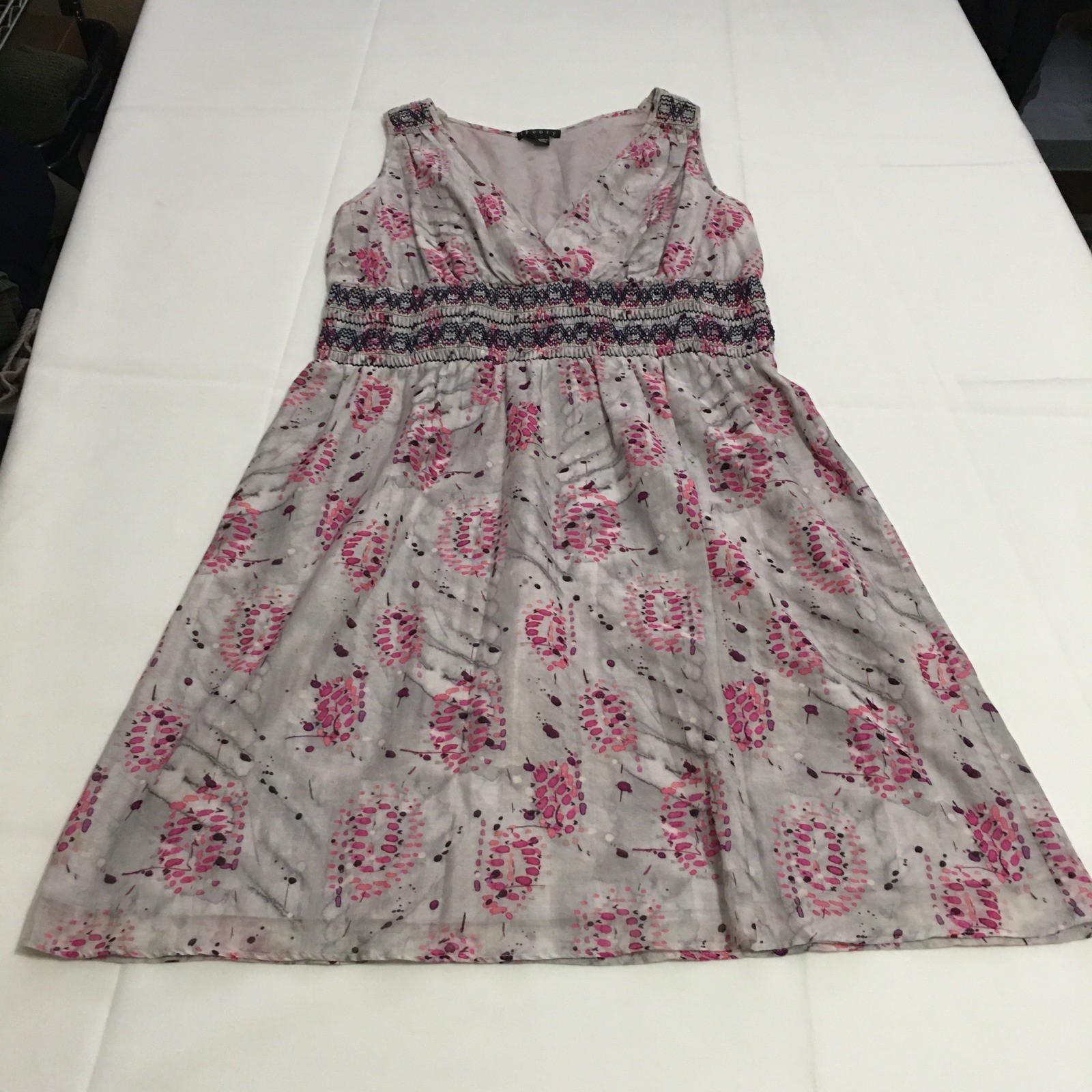 Theory Sleeveless Dress Small Grey Pink Silk Blend Smocked Waist Boho