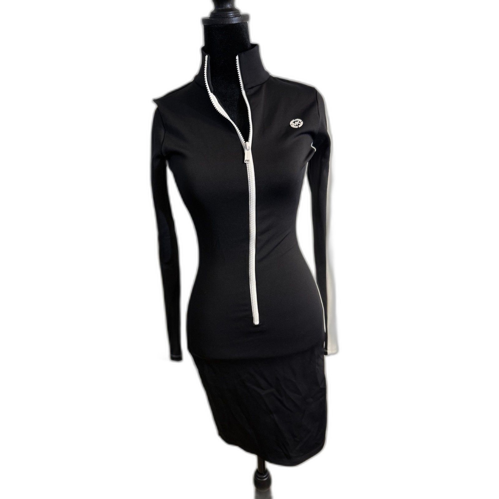 Michael Kors Black White Colorblock Zip Bodycon Dress — Mock Neck, Racer Stripe