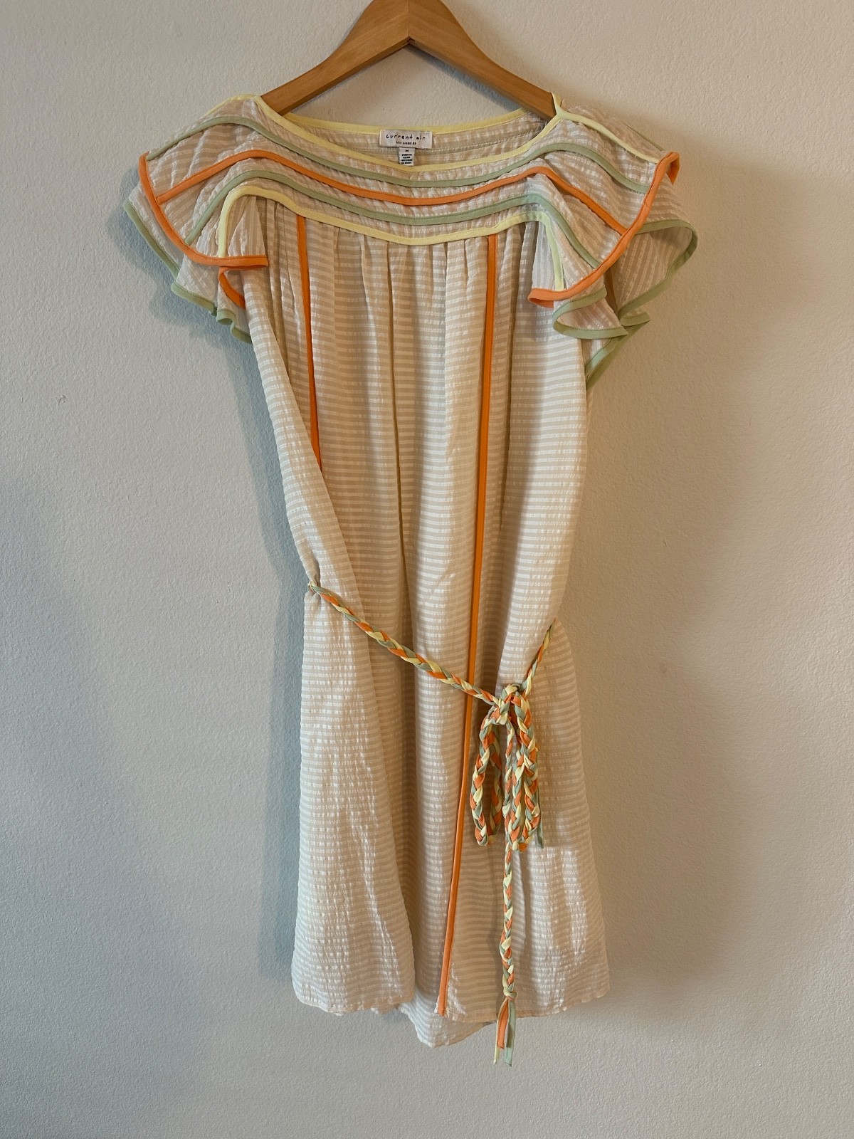 Current Air Ruffle Sleeve Belted Mini Dress Cream Stripe Women’s M