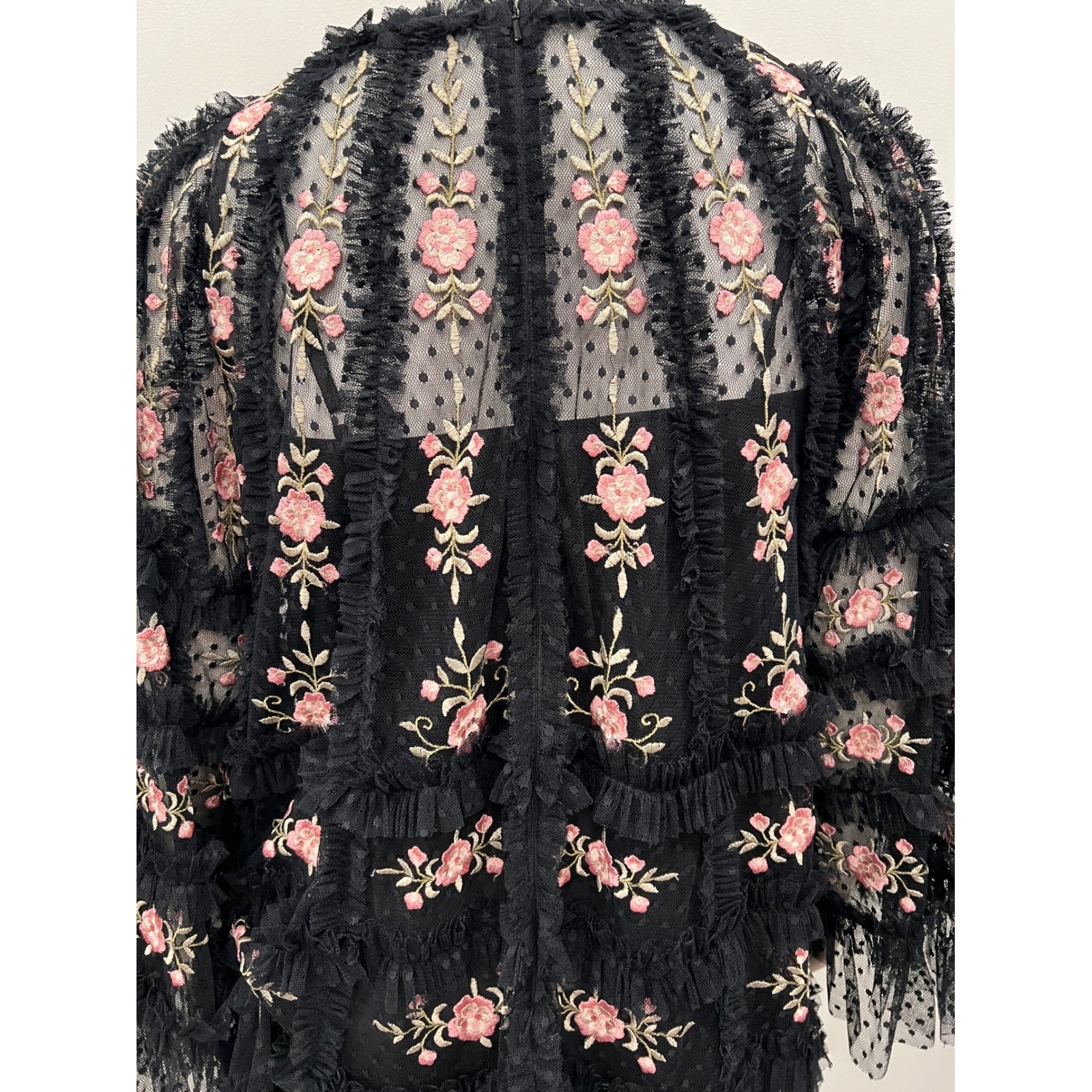 Mac Duggal Mini Dress Womens 8 Black Pink Floral Embroidered Tulle Tiered Ruffle