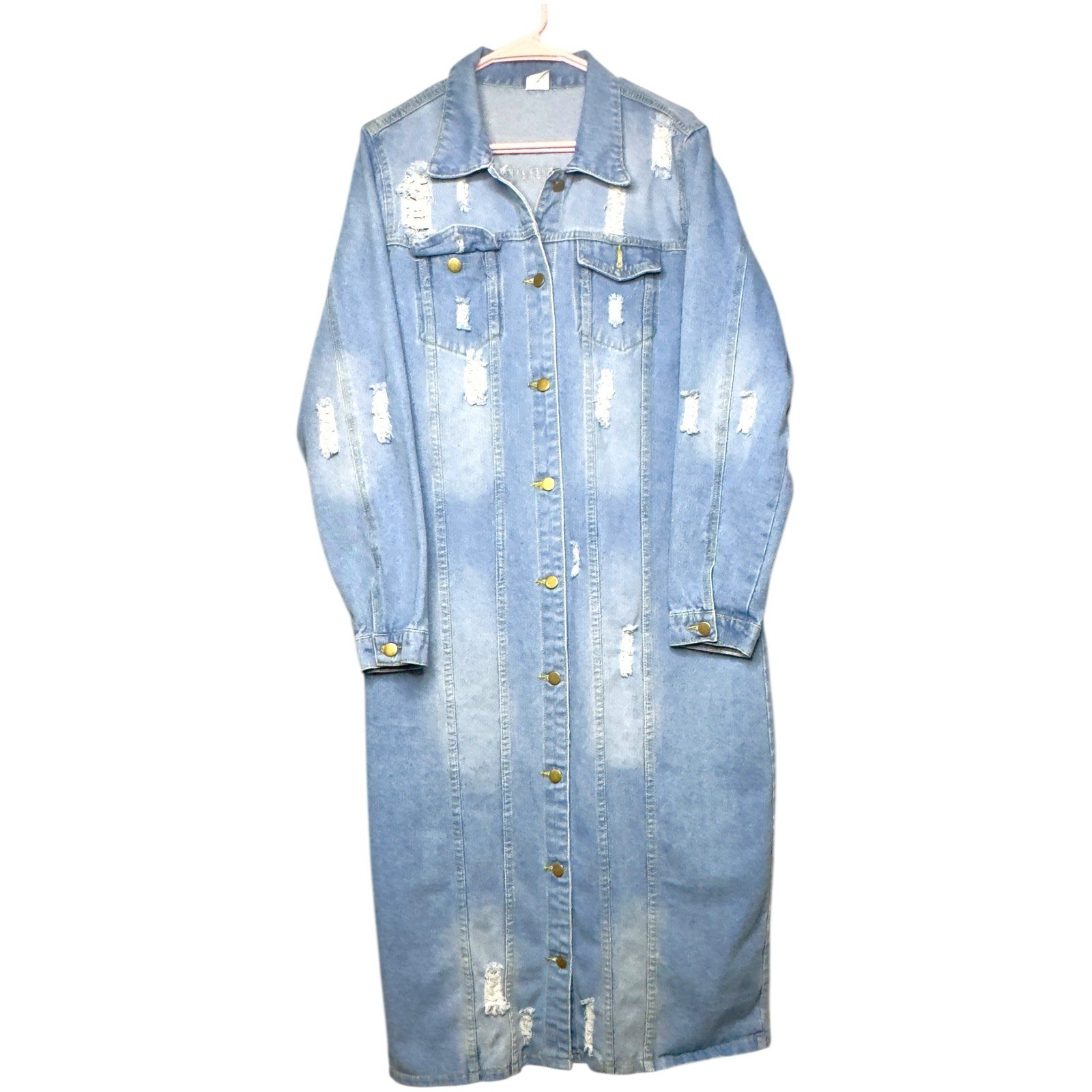 Women’s Long Sleeve Button Down Medium Wash Maxi Dress Size XL Distressed