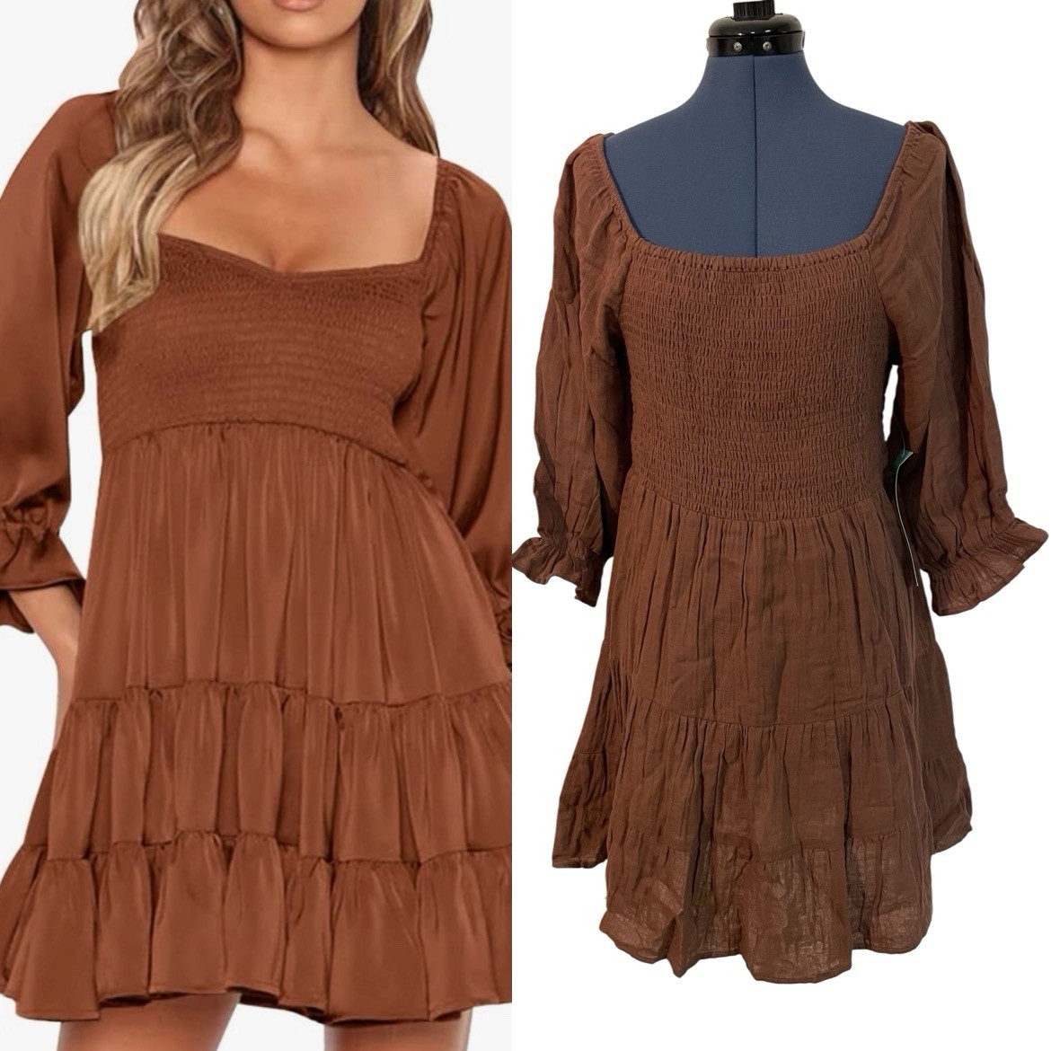 NWT J Gee Brown Smocked Tiered Puff Sleeve Mini Dress Fit Flare Boho Coastal PL