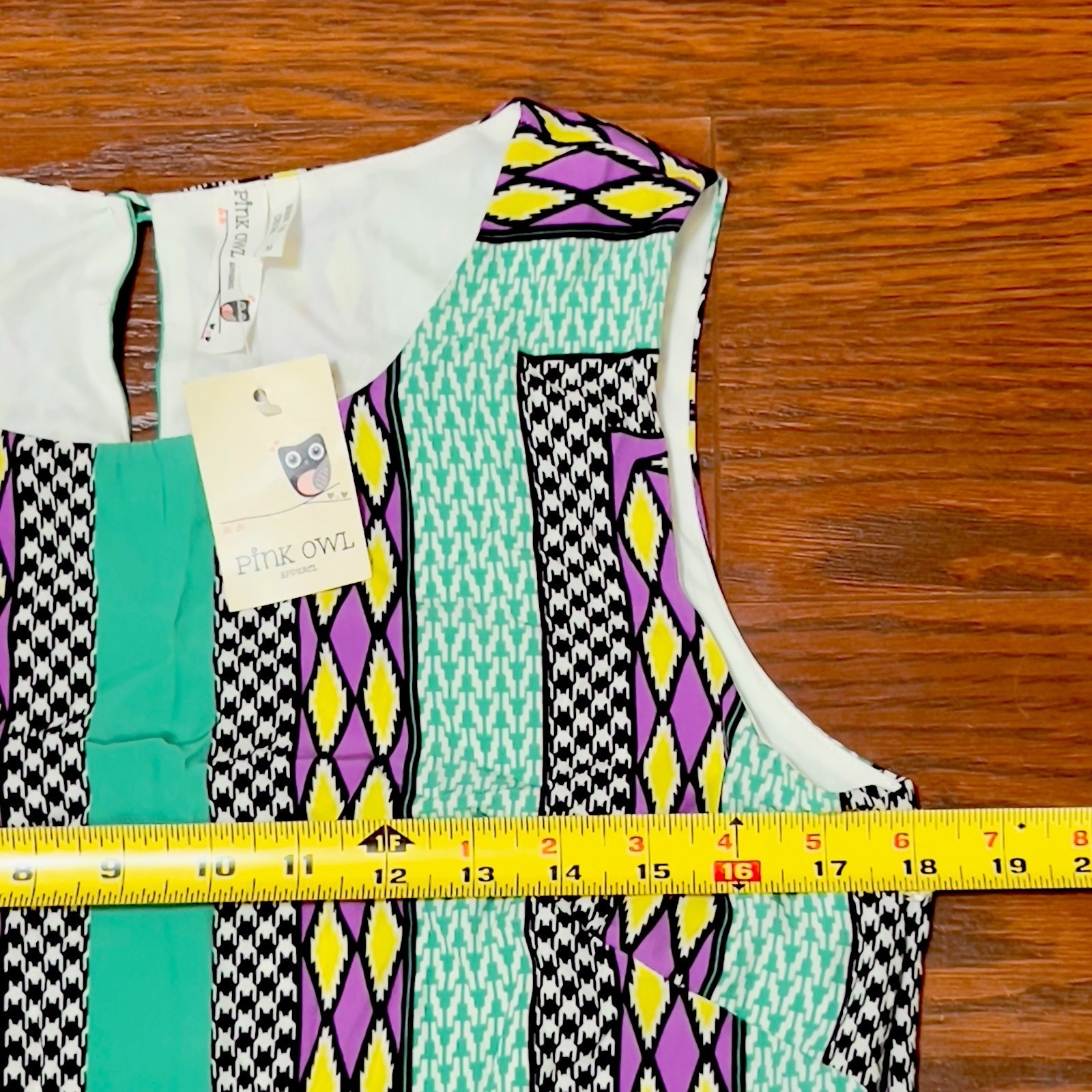 Pink Owl Shift Dress Womens M Green Purple NWT Geometric Houndstooth Sleeveless