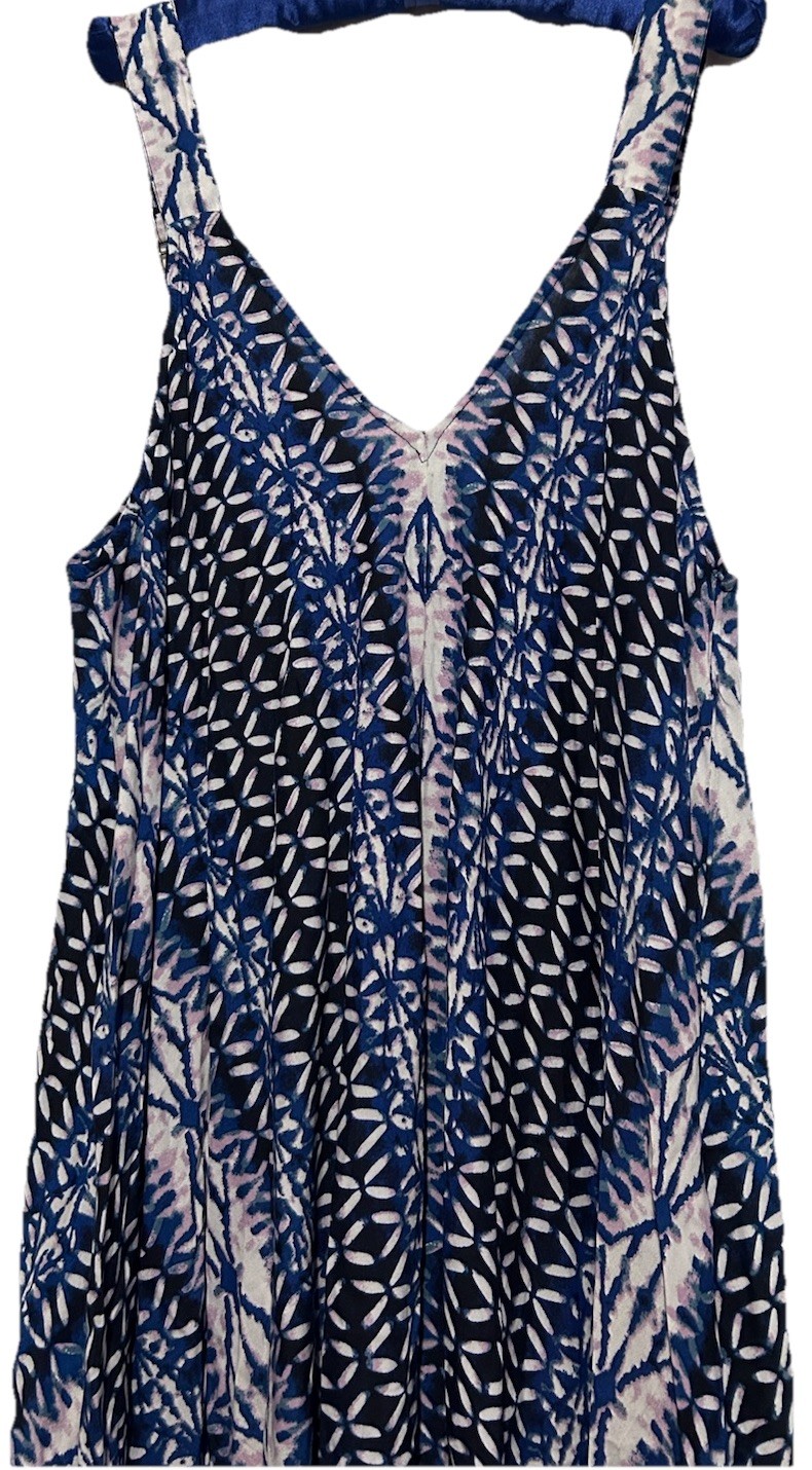 G Unit Dress L Blue Batik Rayon Boho Hippie Flowy Oversized Suspender Sundress