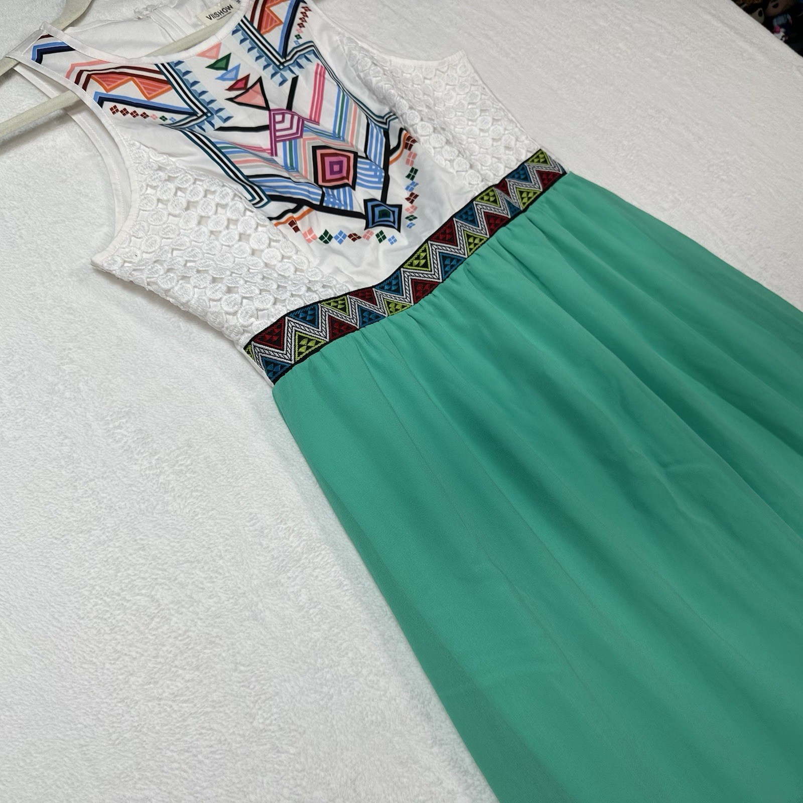 VIISHOW Geometric Maxi Dress M Emerald Green Boho Artisanal Tropical Vacation