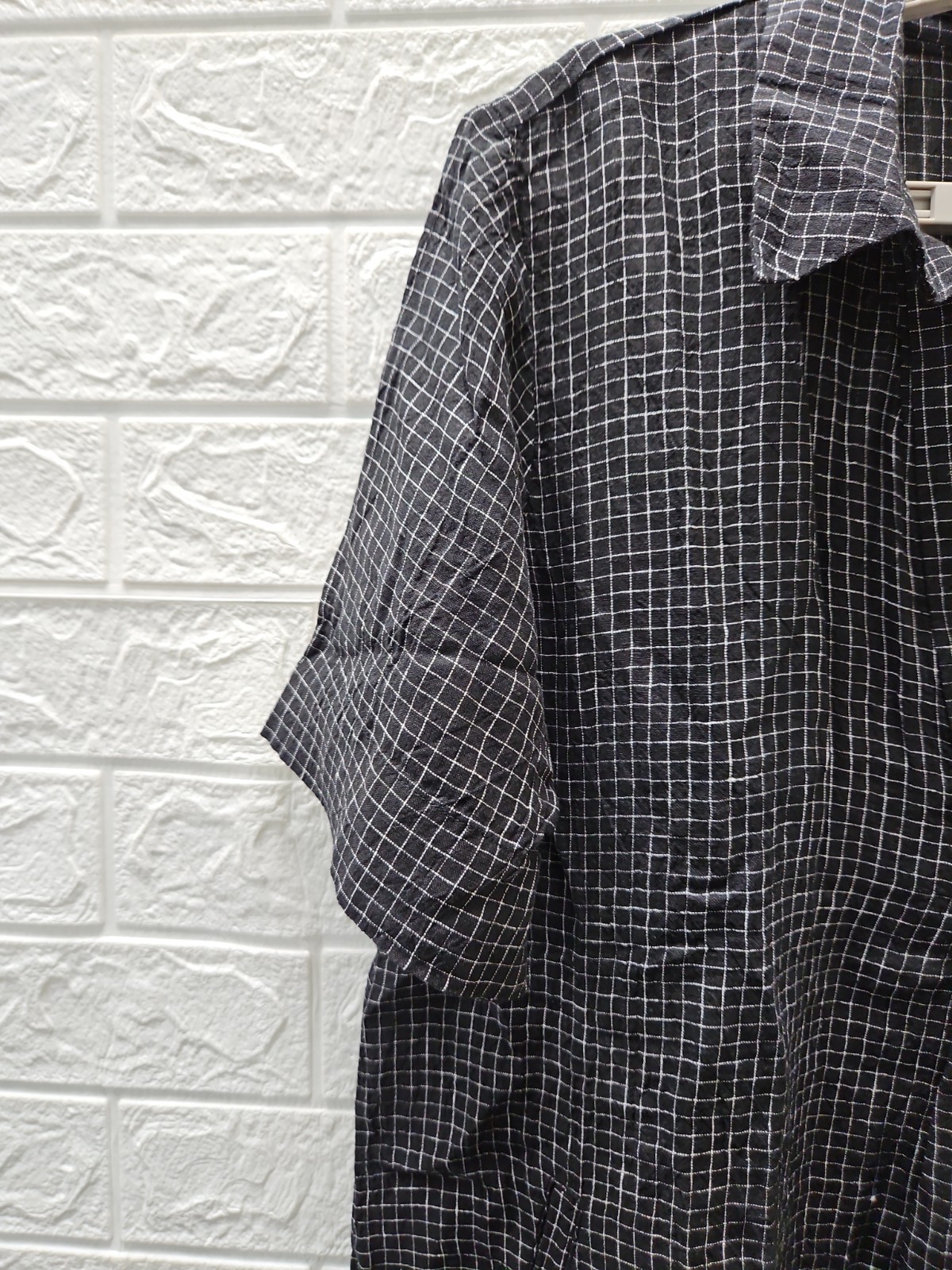 New Eileen Fisher Puckered Linen Grid Classic Collar Dress Black/White Sz S