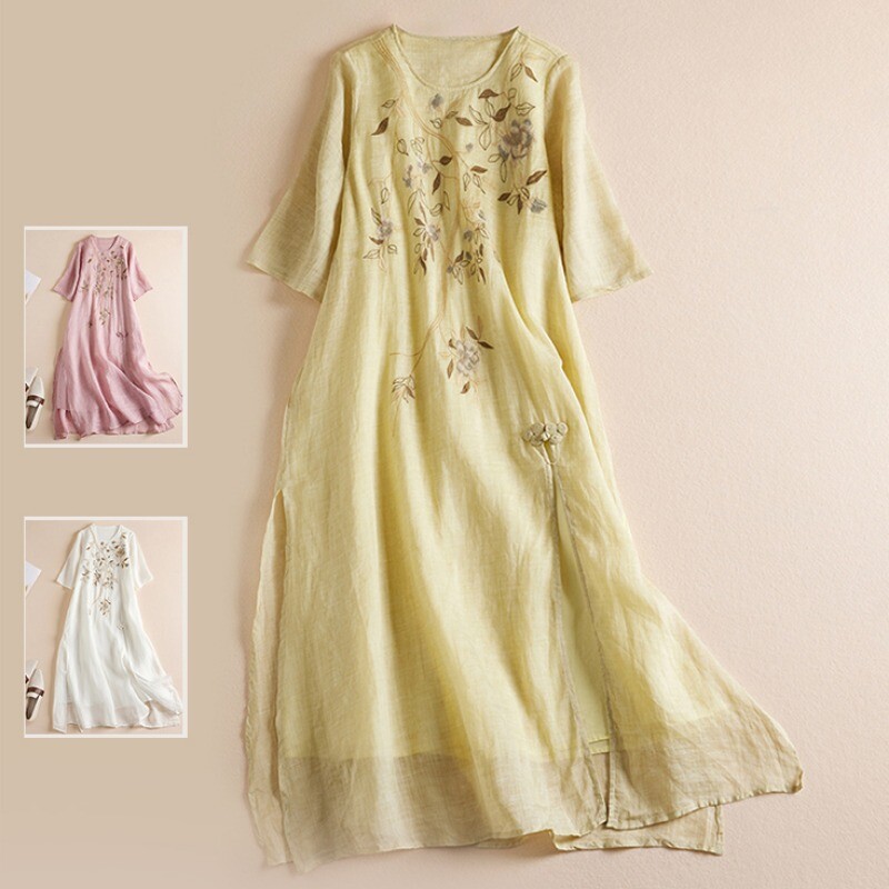 Women Side Slit Embroidery Retro Style Dress Half Sleeve Chinese Dress Summer
