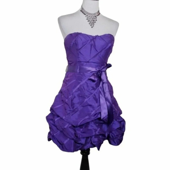 My Michelle Bubble Hem Party Dress 3 Purple Strapless Taffeta Satin Sash 7655TT2