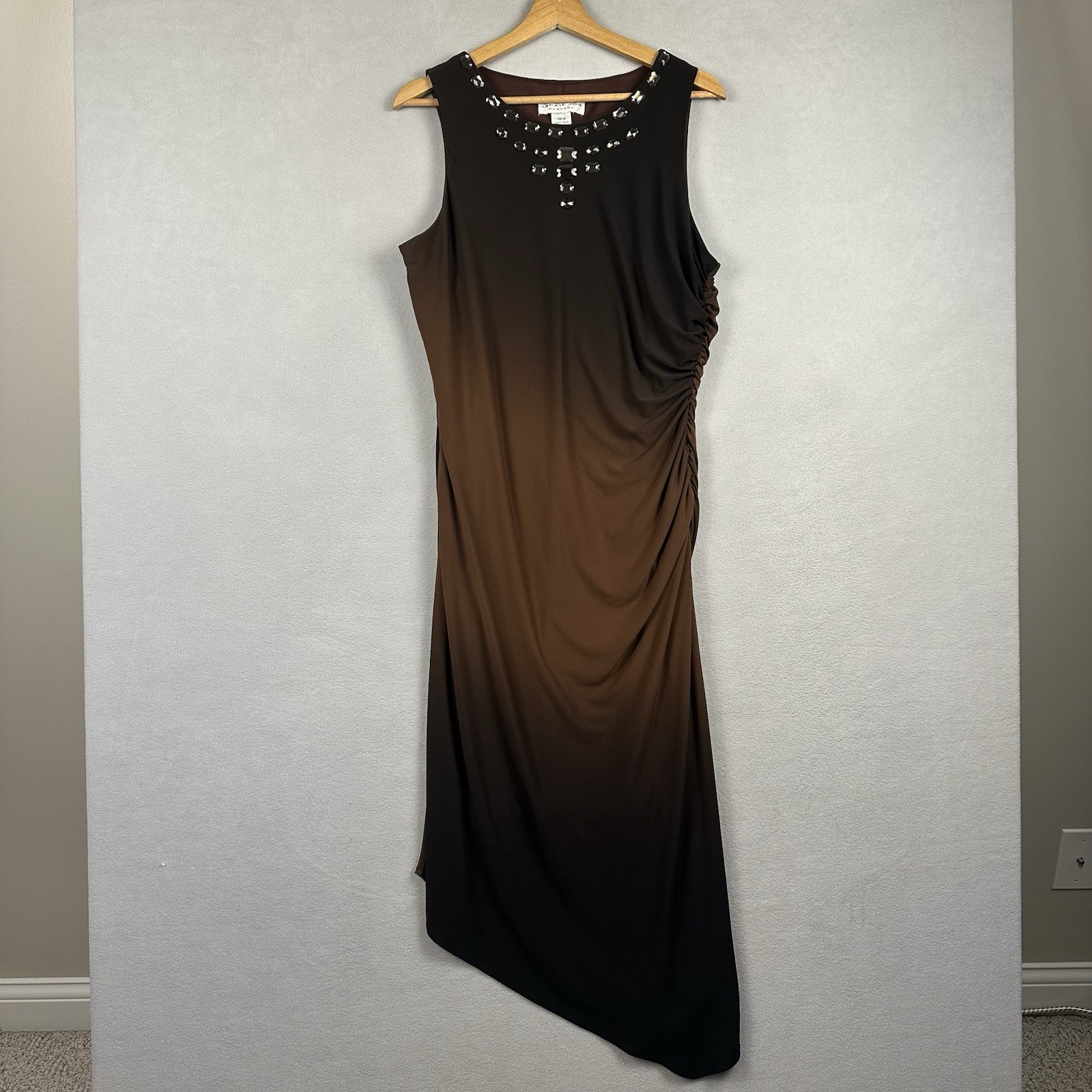 Jackie Jon New York Asymmetric Midi Dress Women 10 Brown Ombré Ruched Statement