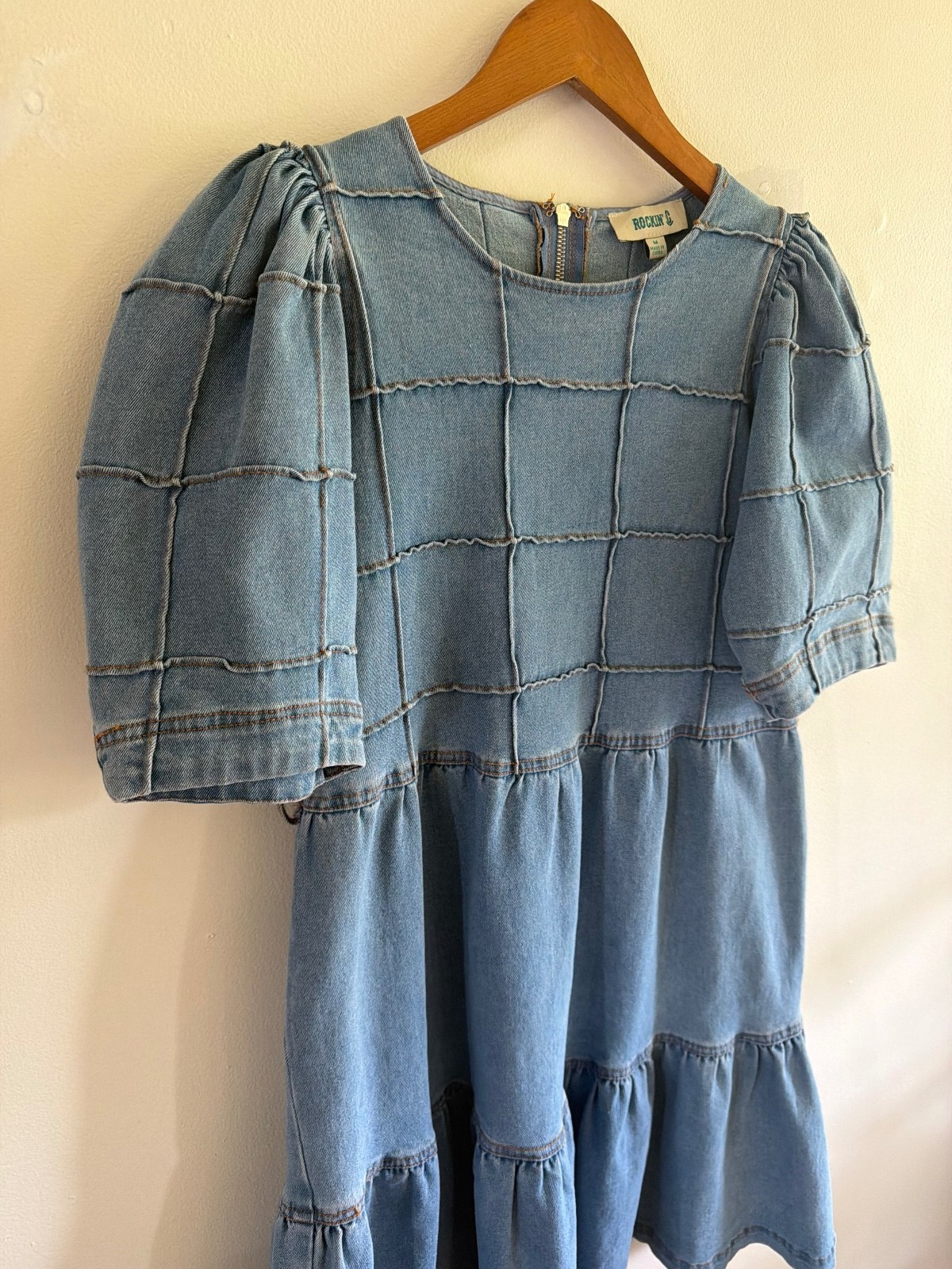 Rockin C Denim Tiered Mini Dress Puff Sleeves Size Medium