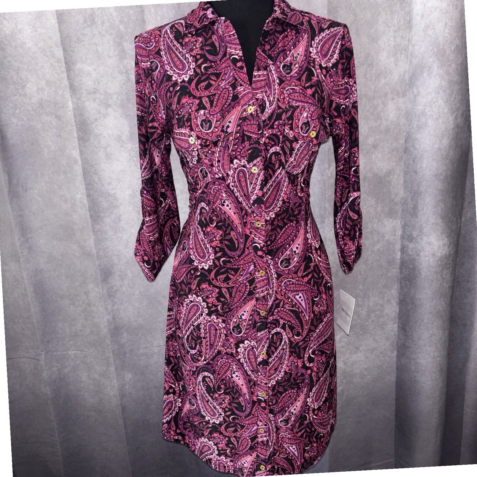 NWT Emily Daniels Petite Small Pink Paisley Sequin Button Front Shirt Dress